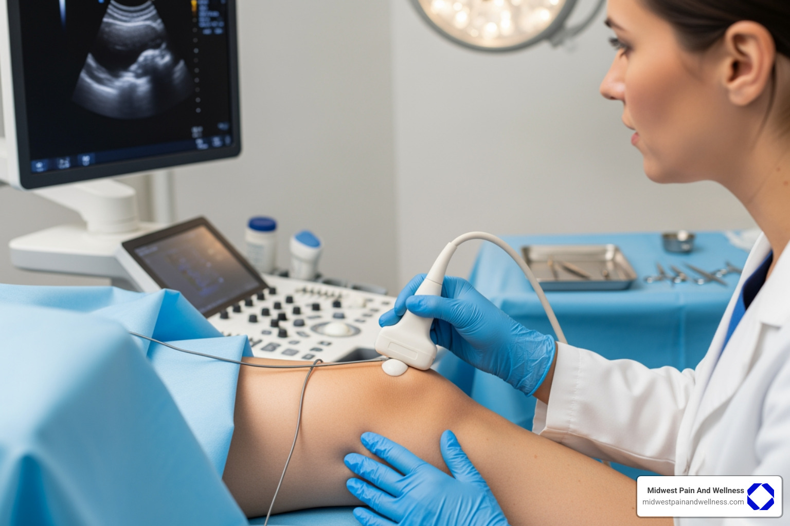 Physician using ultrasound guidance to precisely place a peripheral nerve stimulation lead near a patient's knee. - Peripheral nerve stimulation