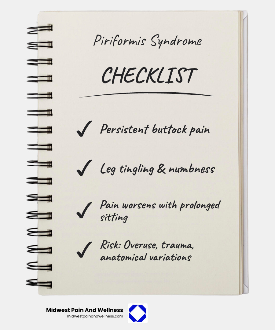 infographic showing piriformis syndrome symptoms including buttock pain, leg tingling, pain when sitting, pain when climbing stairs, and risk factors like prolonged sitting, athletic activities, and muscle trauma - Piriformis syndrome treatment infographic checklist-notebook