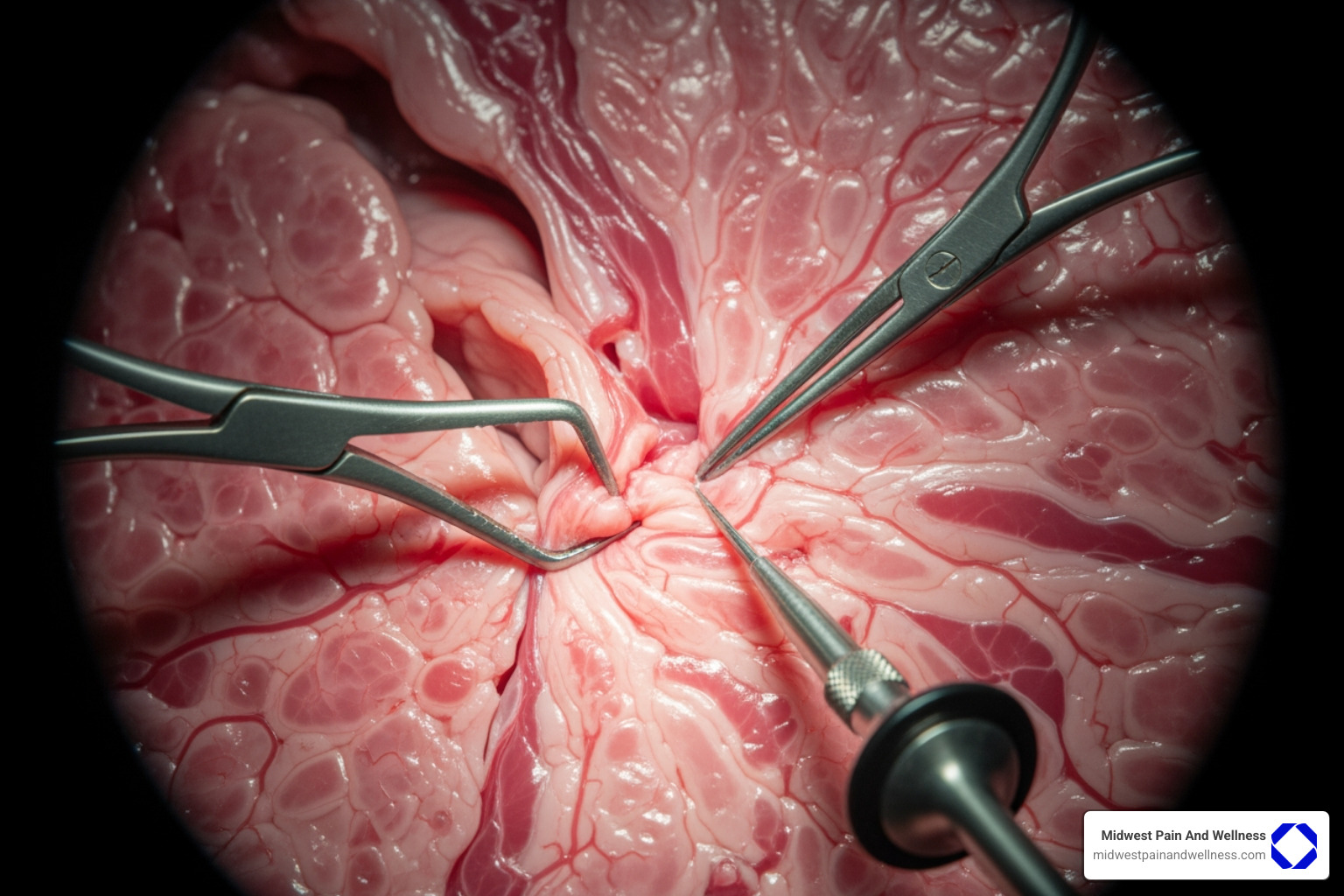 endoscopic surgery view of surgical tools and internal tissue - Piriformis syndrome treatment