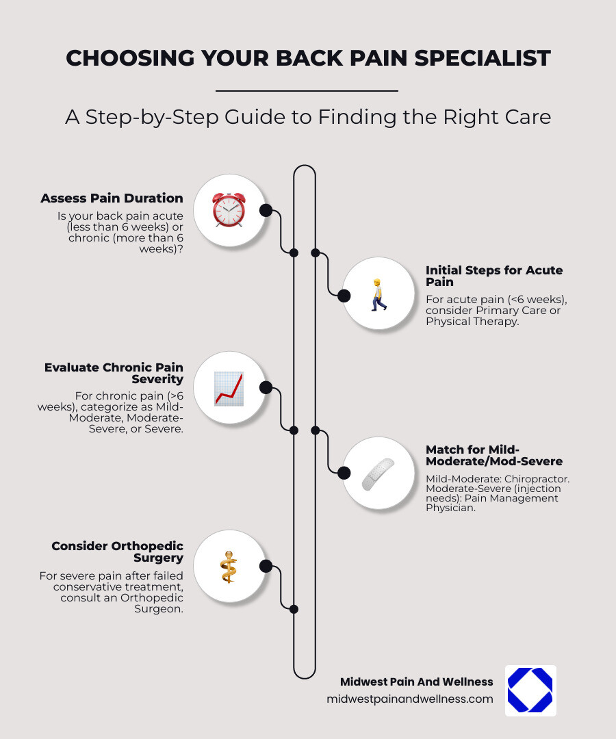 Infographic showing a flowchart for choosing a back pain specialist: starts with "How long have you had pain?" branching to acute (less than 6 weeks) leading to primary care or physical therapy, and chronic (more than 6 weeks) branching by severity to chiropractor for mild-moderate pain, pain management physician for moderate-severe pain with injection needs, and orthopedic surgeon for severe pain after failed conservative treatment - back pain specialist near me infographic infographic-line-5-steps-elegant_beige