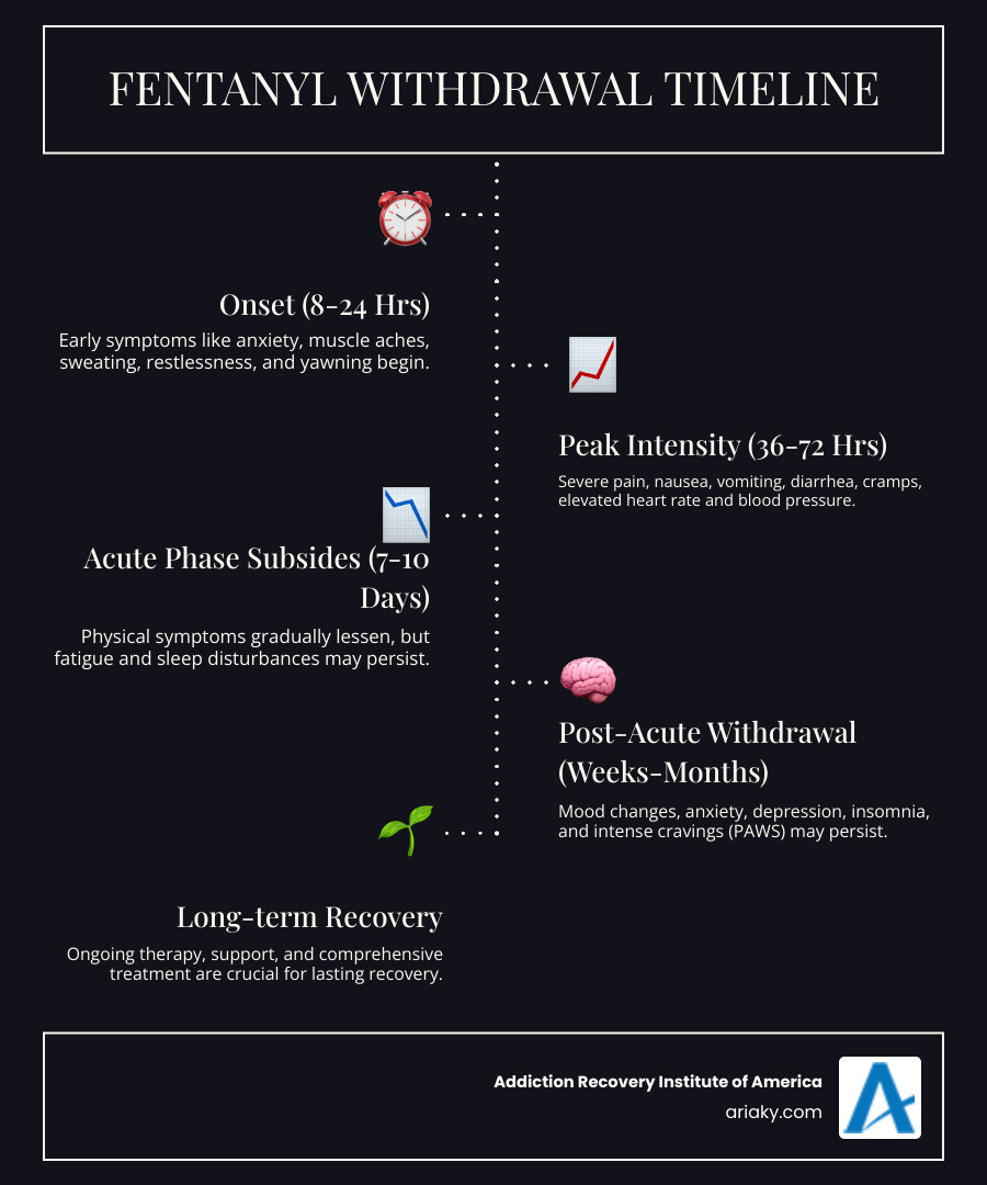 Infographic showing the fentanyl withdrawal timeline: 8-24 hours after last use (early symptoms like anxiety, muscle aches, sweating begin), 36-72 hours (peak intensity with severe pain, nausea, vomiting, elevated heart rate), 7-10 days (acute withdrawal subsides), weeks to months (post-acute withdrawal symptoms like mood changes and cravings may persist) - fentanyl detox infographic infographic-line-5-steps-dark