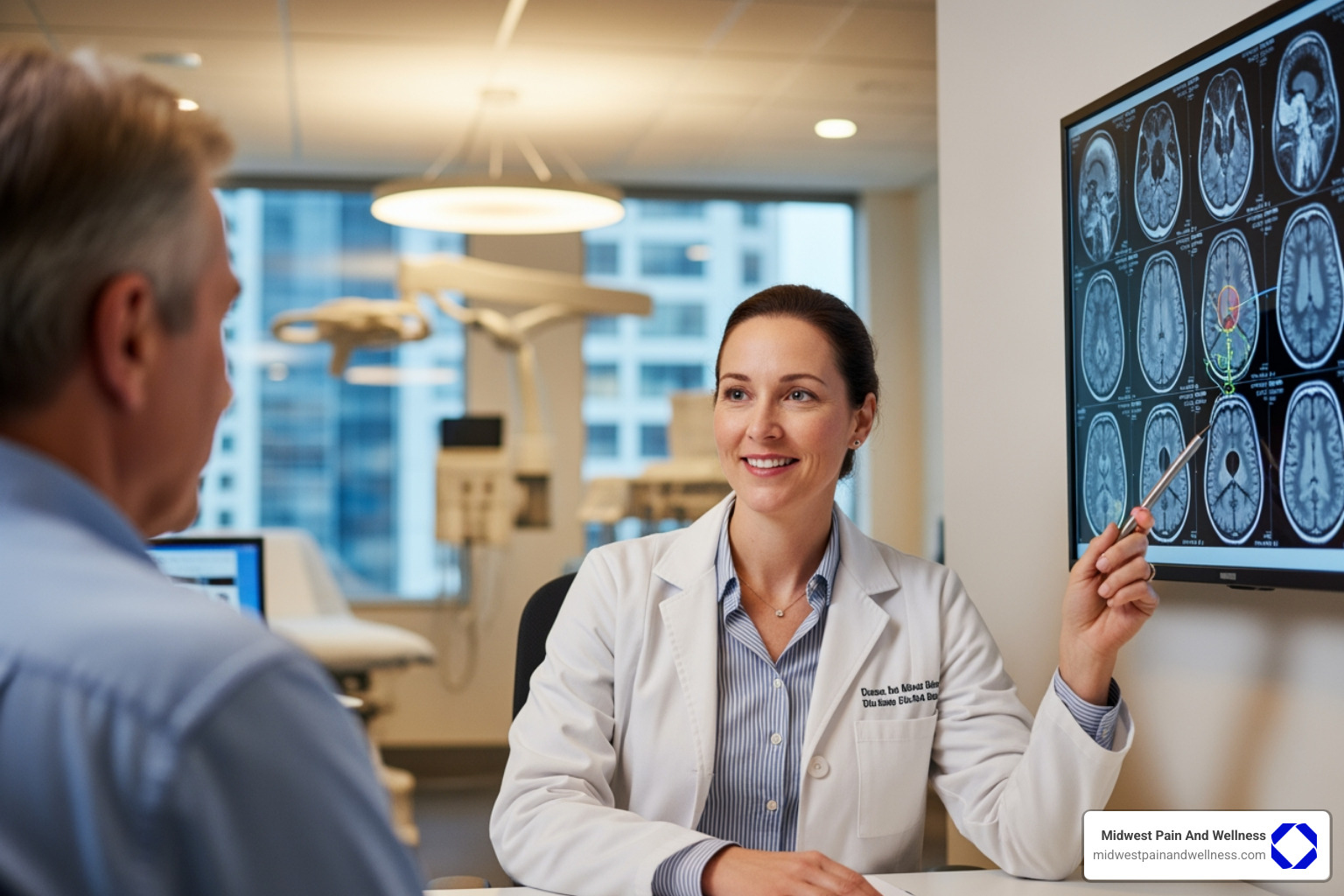 Doctor reviewing an MRI with a patient - what is pain management dr