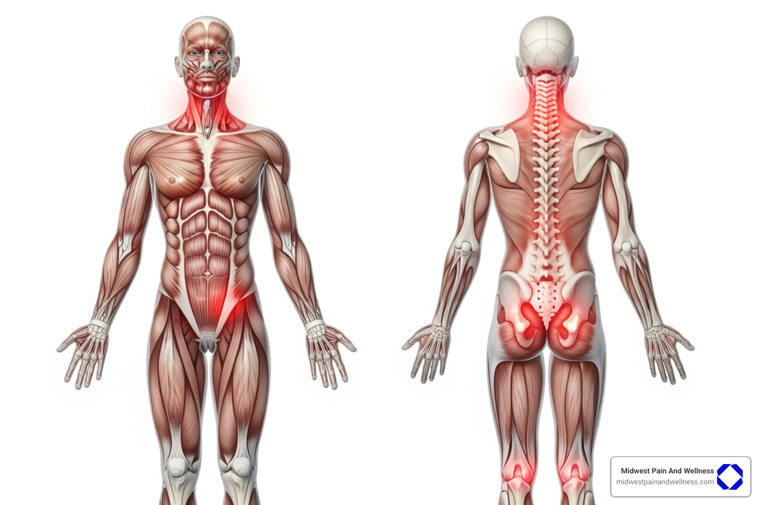 Diagram showing common pain areas like the back, neck, and joints - what is pain management dr