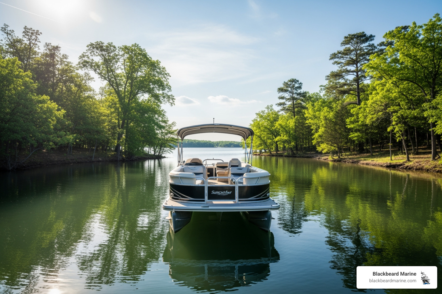 Suncatcher or Lowe pontoon boat anchored in a serene cove on Lake Texoma - pontoon boats Kingston OK