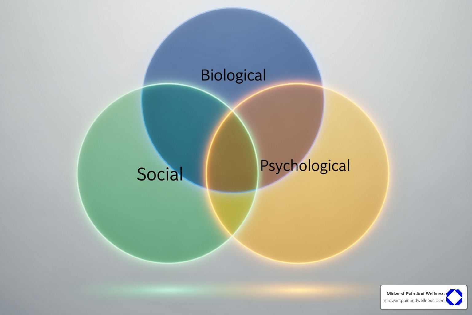 Biopsychosocial model with three overlapping circles labeled biological psychological and social - Functional pain management