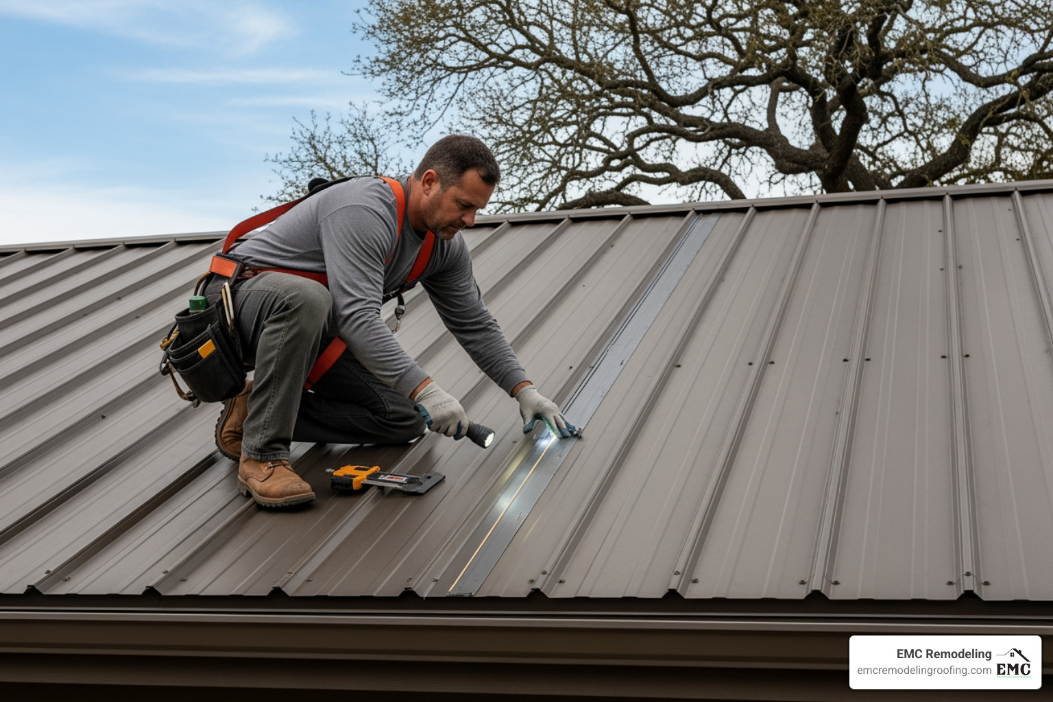 roofer inspecting metal roof seam cedar park - metal roof repair cedar park tx roofer inspecting metal roof seam cedar park - metal roof repair cedar park tx