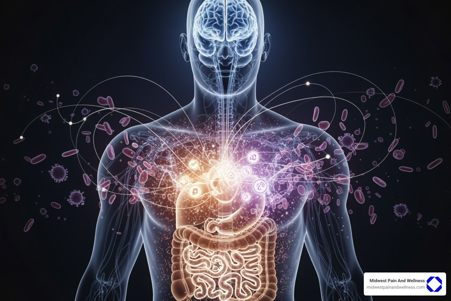 interconnected body systems with icons for gut brain and immune system - Functional pain management