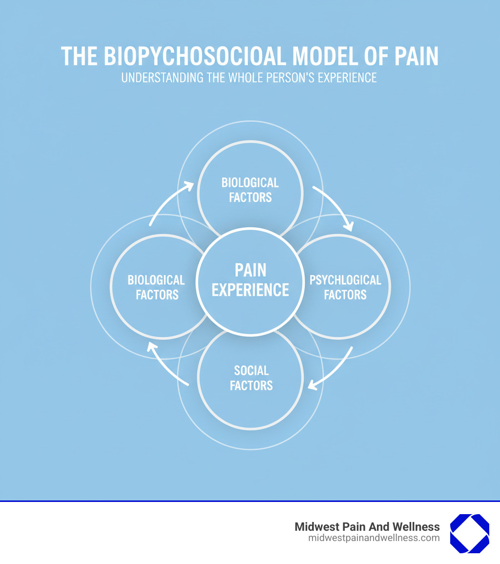 infographic showing the biopsychosocial model of pain with three interconnected circles labeled biological factors, psychological factors, and social factors, all pointing to pain experience in the center - effective pain management strategies infographic 