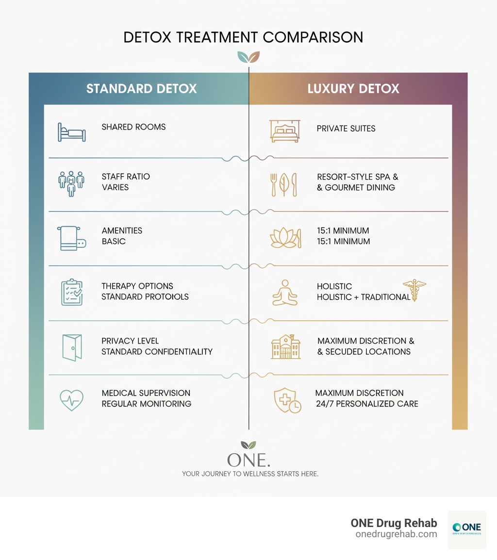 Infographic comparing standard detox versus luxury detox treatment showing differences in accommodations (shared rooms vs private suites), staff ratios (varies vs 15:1 minimum), amenities (basic vs resort-style with spa and gourmet dining), therapy options (standard protocols vs holistic plus traditional), privacy level (standard confidentiality vs maximum discretion with secluded locations), and medical supervision (regular monitoring vs 24/7 personalized care) - luxury detox treatment infographic Infographic comparing standard detox versus luxury detox treatment showing differences in accommodations (shared rooms vs private suites), staff ratios (varies vs 15:1 minimum), amenities (basic vs resort-style with spa and gourmet dining), therapy options (standard protocols vs holistic plus traditional), privacy level (standard confidentiality vs maximum discretion with secluded locations), and medical supervision (regular monitoring vs 24/7 personalized care) - luxury detox treatment infographic