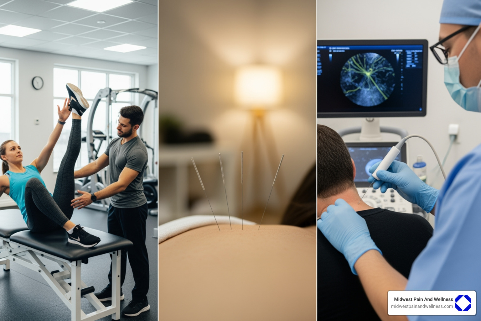 Collage of physical therapy, acupuncture, and nerve block - opioid-free pain management