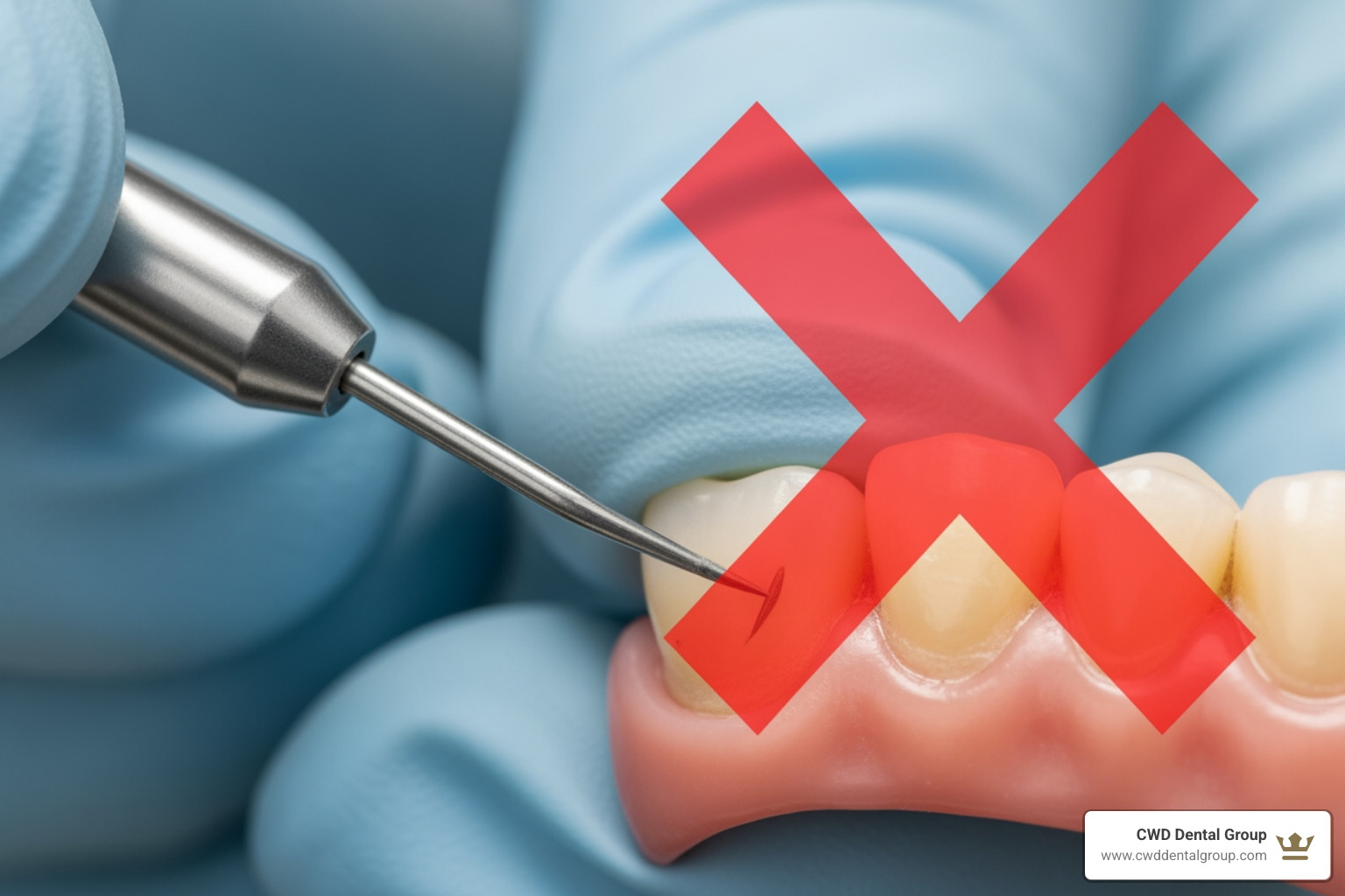 wrong angle for a home scaler, with a red "X" over it - dental teeth cleaning tools