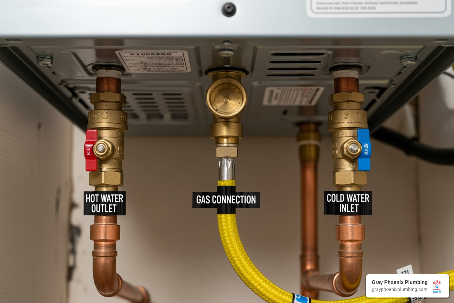underside of tankless unit showing labeled water and gas connections - how to install a tankless water heater