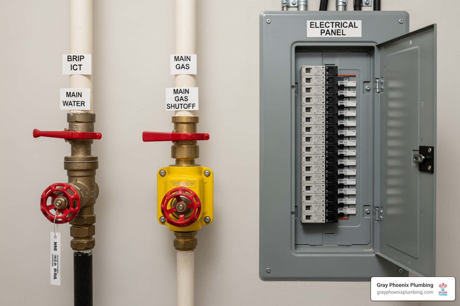 water, gas, electrical shut-off valves labeled - how to install a tankless water heater