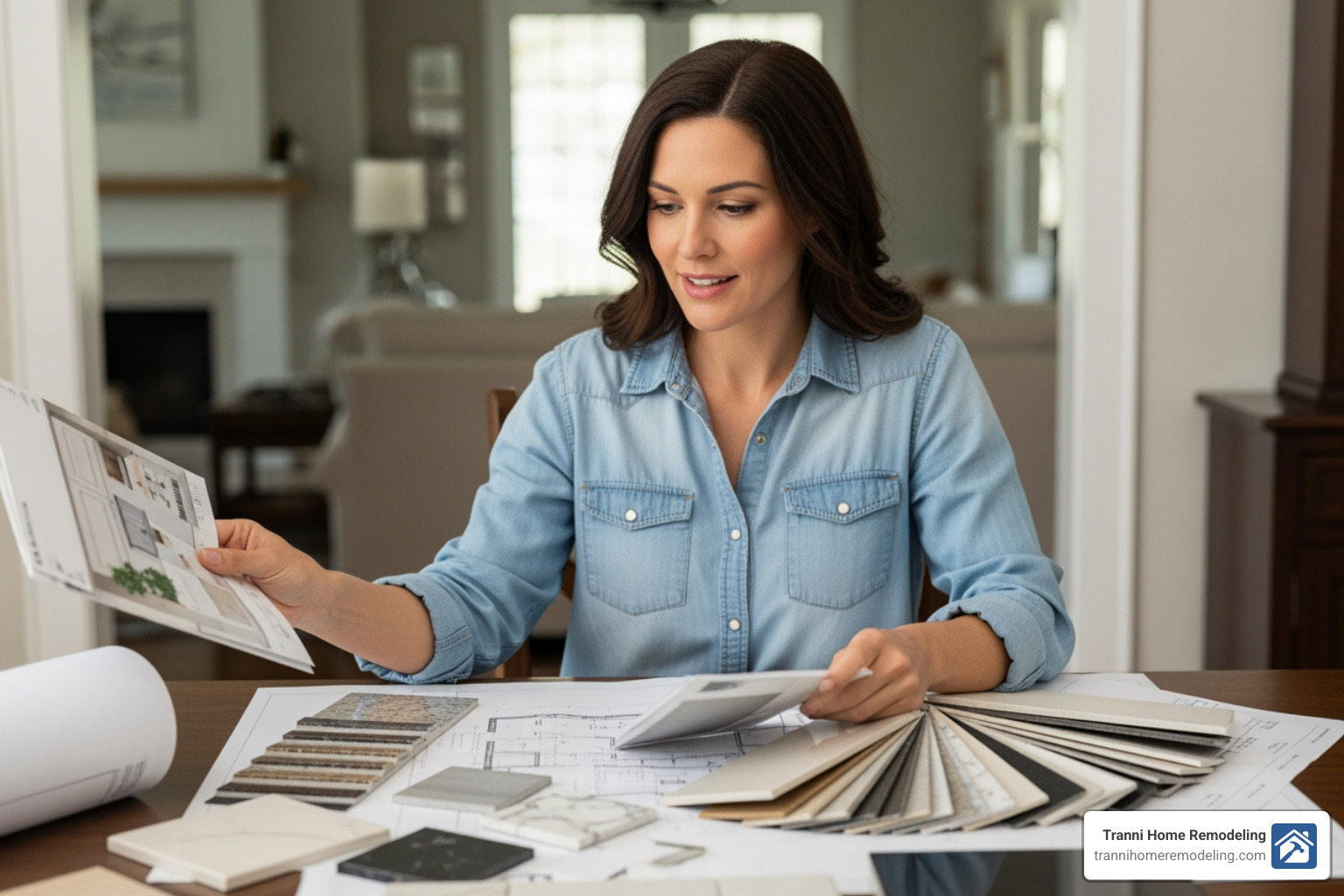 A homeowner looking at kitchen design swatches and plans - Kitchen Remodel Near Me
