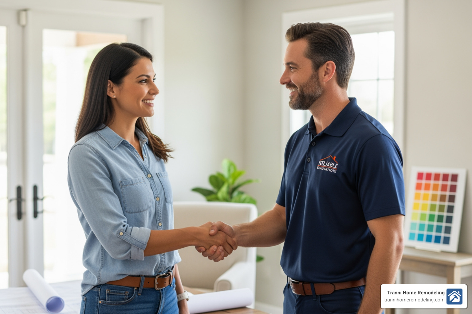 A homeowner shaking hands with a friendly, professional contractor - Kitchen Remodel Near Me
