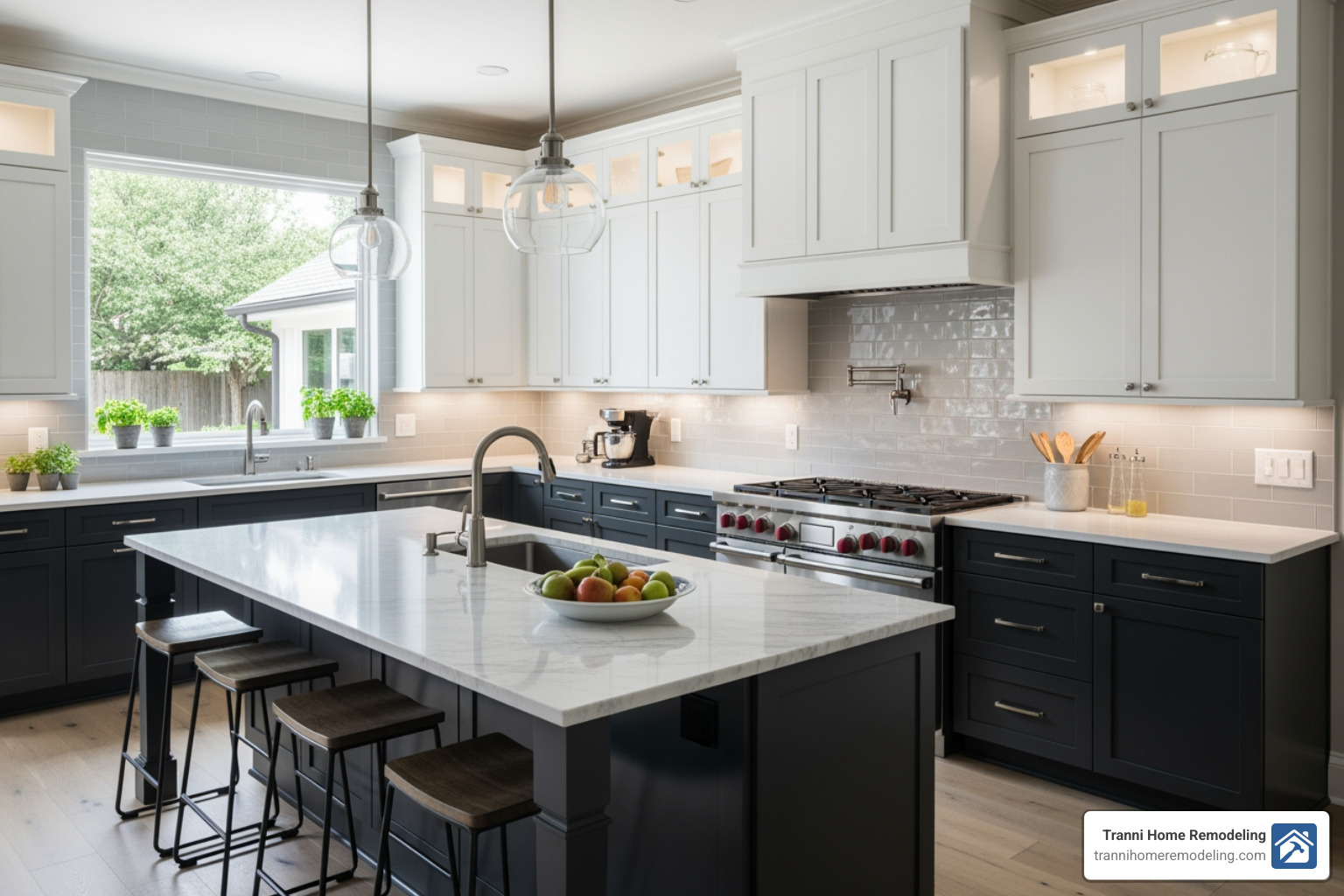 A kitchen with two-tone cabinets and a large, stylish island - Kitchen Remodel Near Me