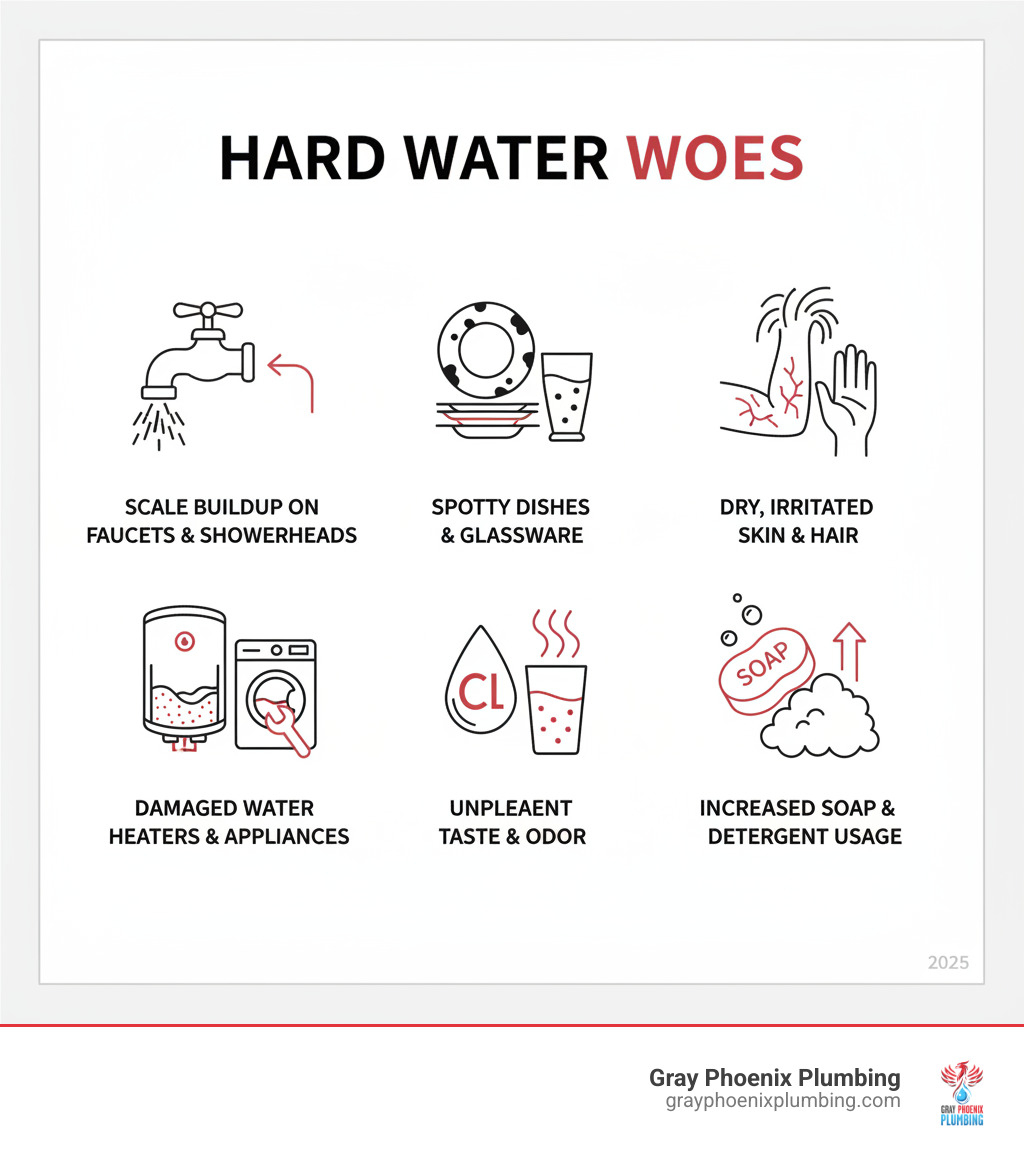 Infographic showing common hard water problems: scale buildup on faucets and showerheads, spotty dishes and glassware, dry irritated skin and hair, damaged water heaters and appliances with mineral deposits, unpleasant chlorine taste and odor in drinking water, and increased soap and detergent usage - Halo 5 water softener infographic Infographic showing common hard water problems: scale buildup on faucets and showerheads, spotty dishes and glassware, dry irritated skin and hair, damaged water heaters and appliances with mineral deposits, unpleasant chlorine taste and odor in drinking water, and increased soap and detergent usage - Halo 5 water softener infographic