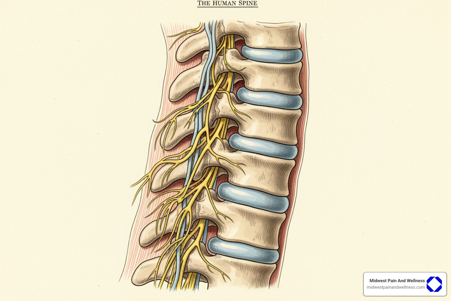 anatomy of the human spine showing vertebrae, discs, and nerves - chronic back pain