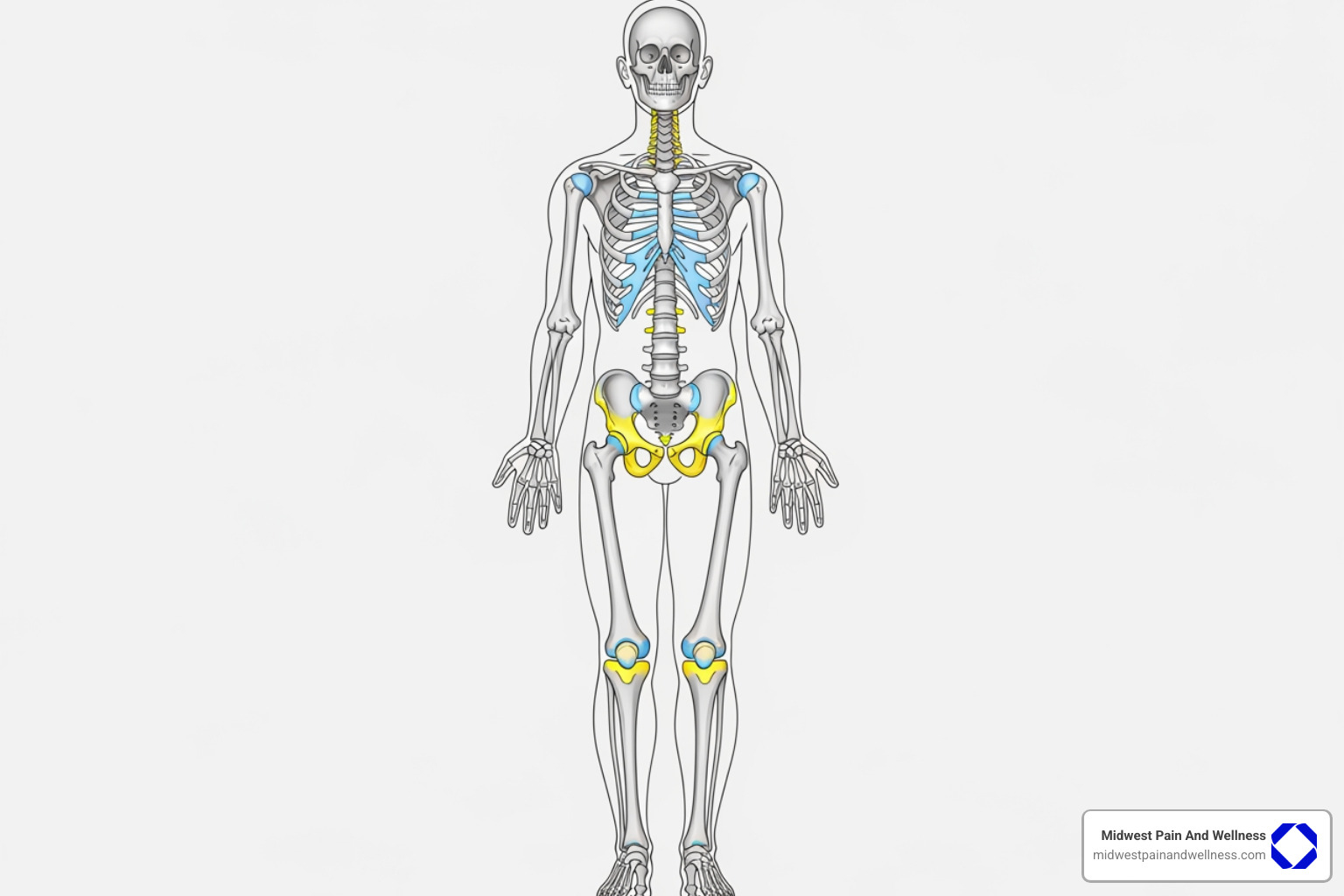 anatomical chart highlighting the spine, hips, knees, and shoulders - pain injections chicago