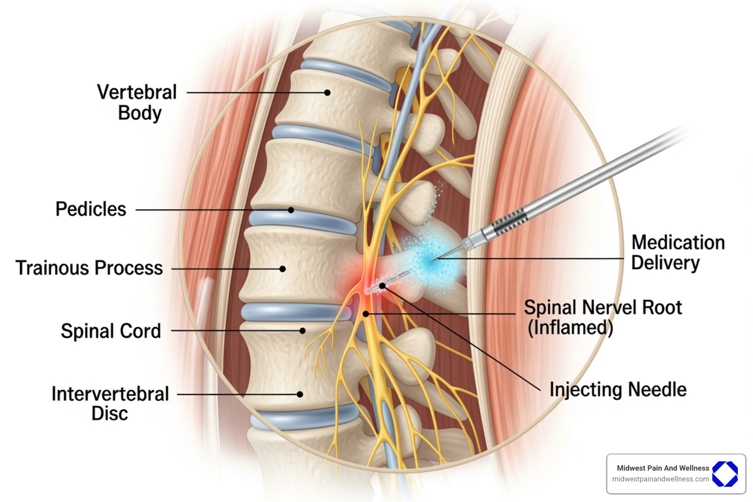 diagram showing an injection targeting an inflamed nerve in the spine - pain injections chicago