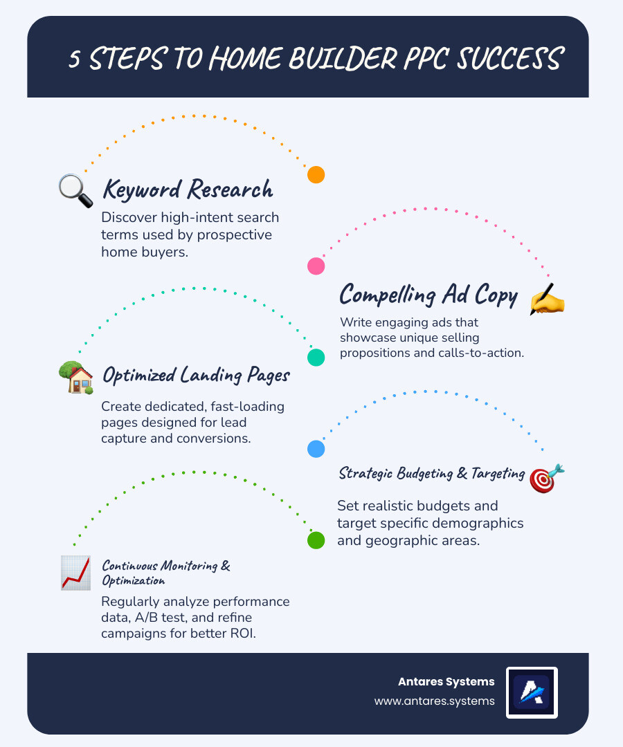 Infographic detailing the 5 steps of a successful home builder PPC campaign: 1. Keyword Research, 2. Compelling Ad Copy, 3. Optimized Landing Pages, 4. Strategic Budgeting & Targeting, 5. Continuous Monitoring & Optimization - PPC for home builders infographic infographic-line-5-steps-blues-accent_colors