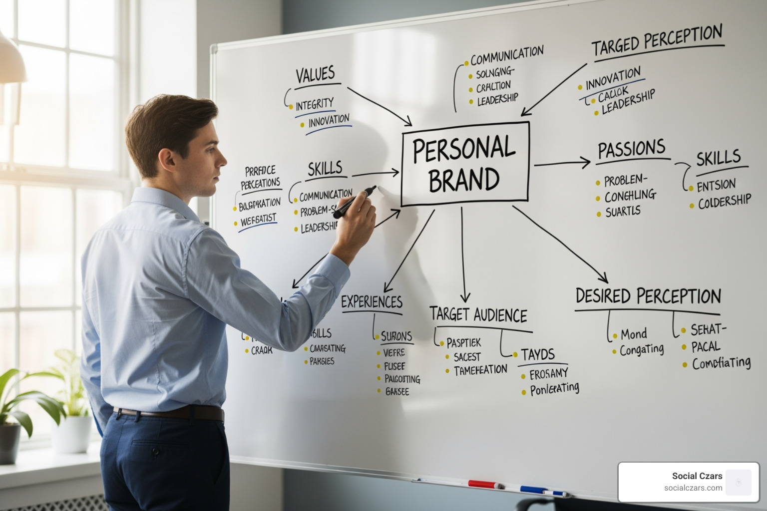 A person mind-mapping their personal brand attributes on a whiteboard, with keywords like "Leadership," "Innovation," "Integrity," "Communication," and "Vision" - executive brand building