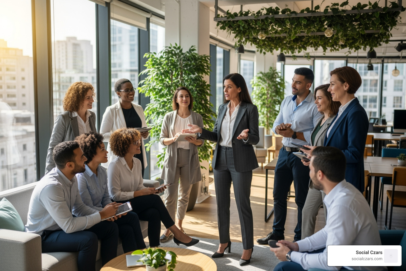 A diverse group of employees smiling and engaging with a CEO who is speaking to them in a modern, open office environment - executive brand building