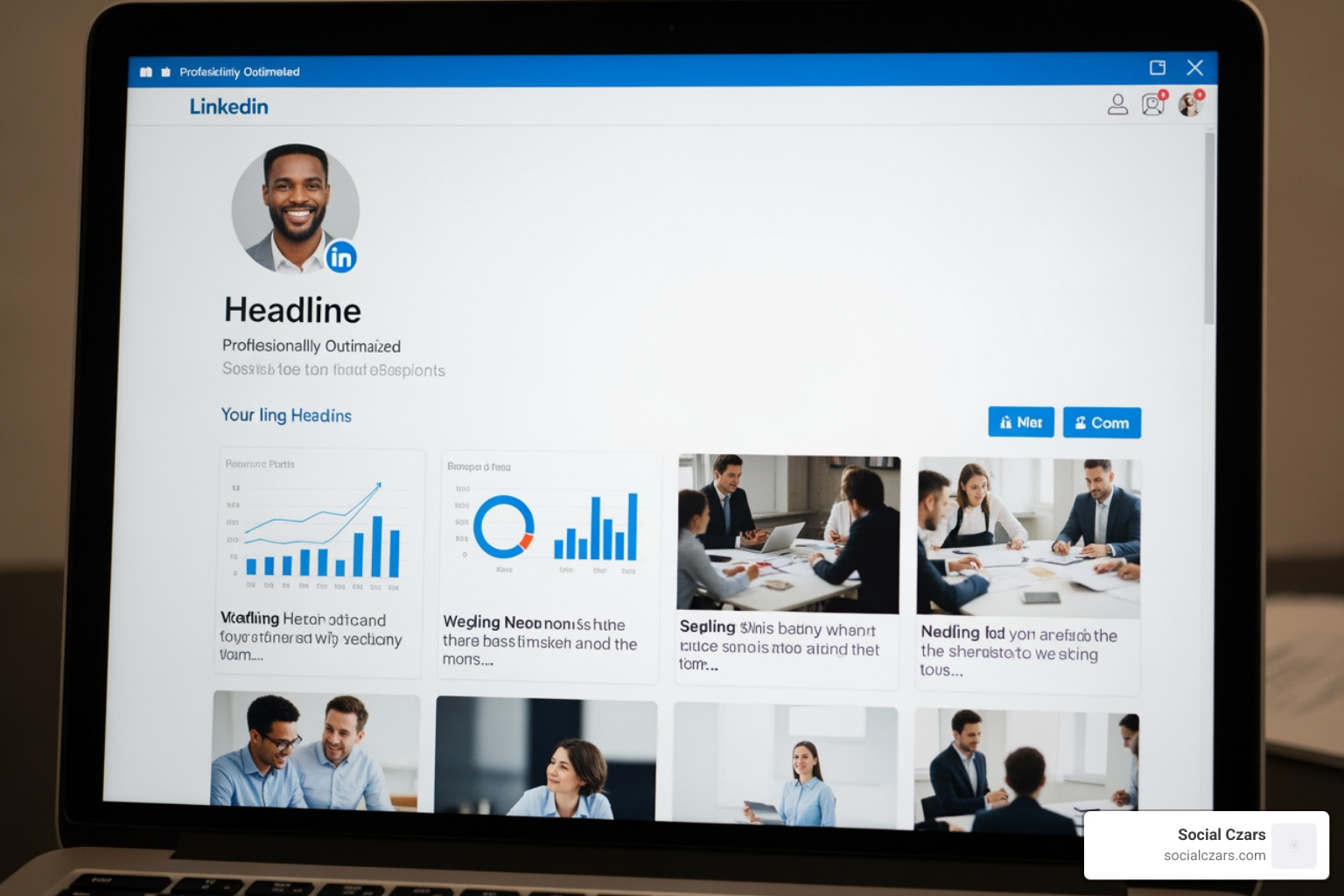 A laptop screen displaying a professionally optimized LinkedIn profile, showing a clear headshot, compelling headline, and engaging content feed - executive brand building