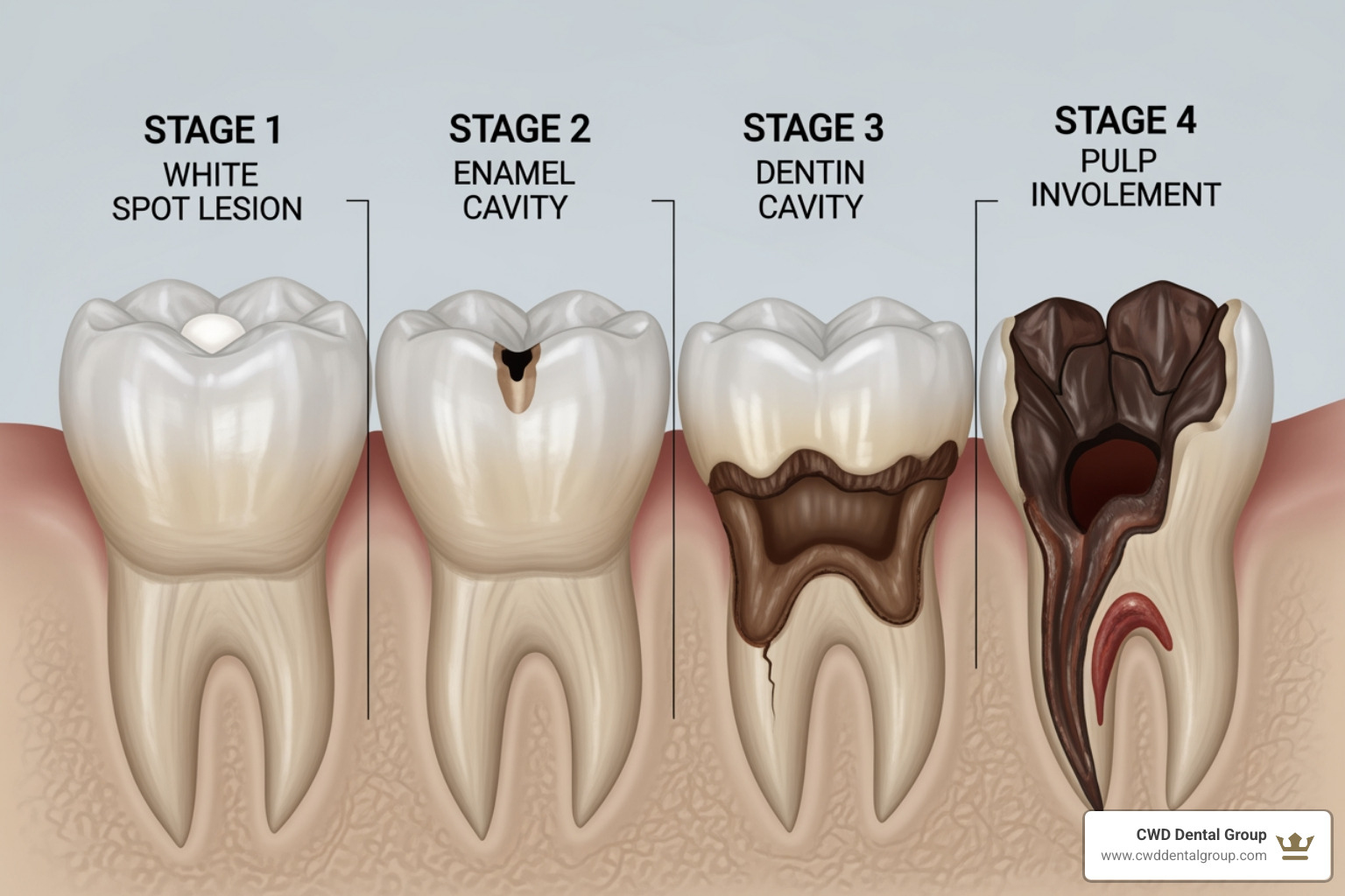 showing the progression of a cavity from a white spot to a hole - cavity treatment for kids showing the progression of a cavity from a white spot to a hole - cavity treatment for kids
