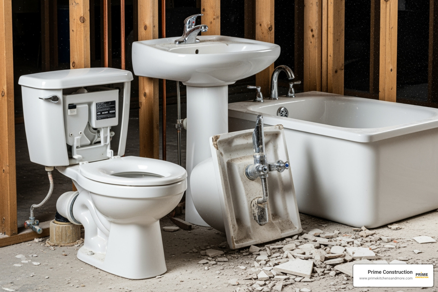 Image of various bathroom fixtures (toilet, sink, tub) ready for removal - cost of bathroom demolition