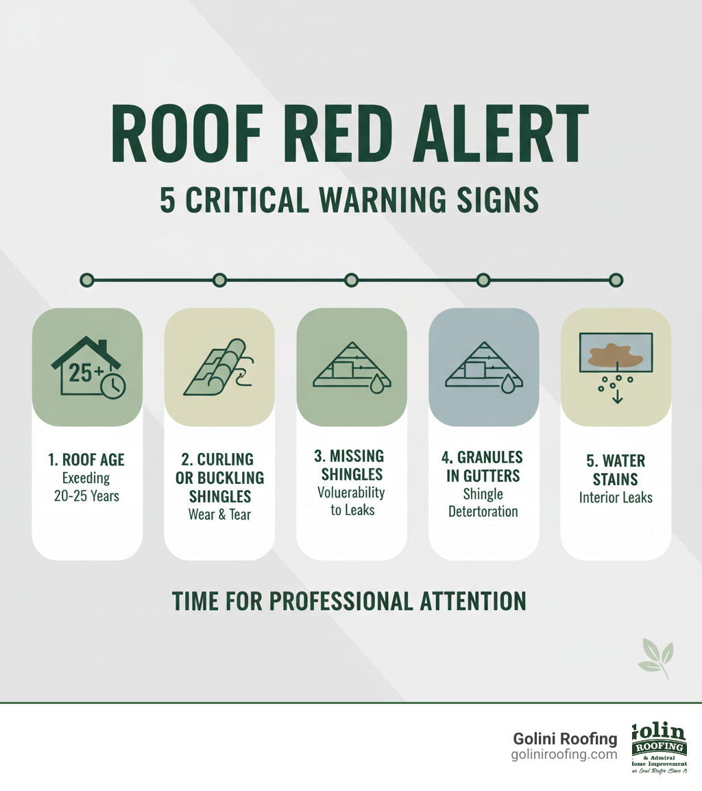 Infographic showing 5 critical warning signs your roof needs professional attention: 1) Roof age exceeding 20-25 years, 2) Curling or buckling shingles indicating wear, 3) Missing shingles creating vulnerability to leaks, 4) Excessive granules in gutters signaling shingle deterioration, 5) Water stains on interior ceilings pointing to active leaks - roof installer burlington ma infographic Infographic showing 5 critical warning signs your roof needs professional attention: 1) Roof age exceeding 20-25 years, 2) Curling or buckling shingles indicating wear, 3) Missing shingles creating vulnerability to leaks, 4) Excessive granules in gutters signaling shingle deterioration, 5) Water stains on interior ceilings pointing to active leaks - roof installer burlington ma infographic