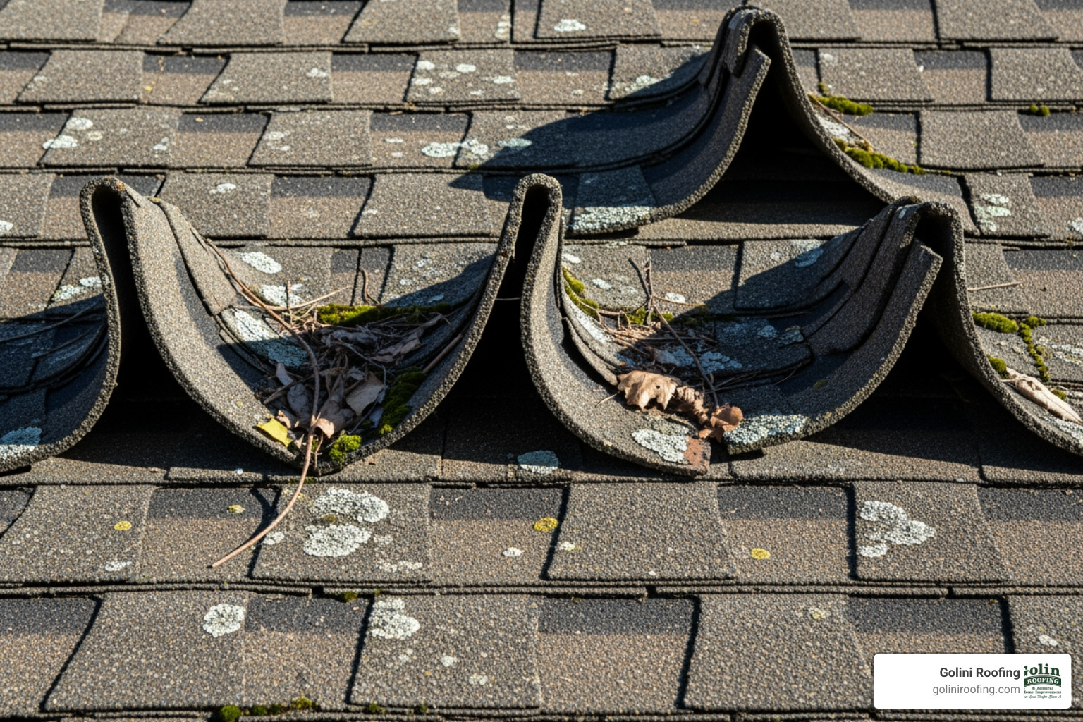 Image of curling asphalt shingles on a roof - roof installer burlington ma Image of curling asphalt shingles on a roof - roof installer in burlington ma