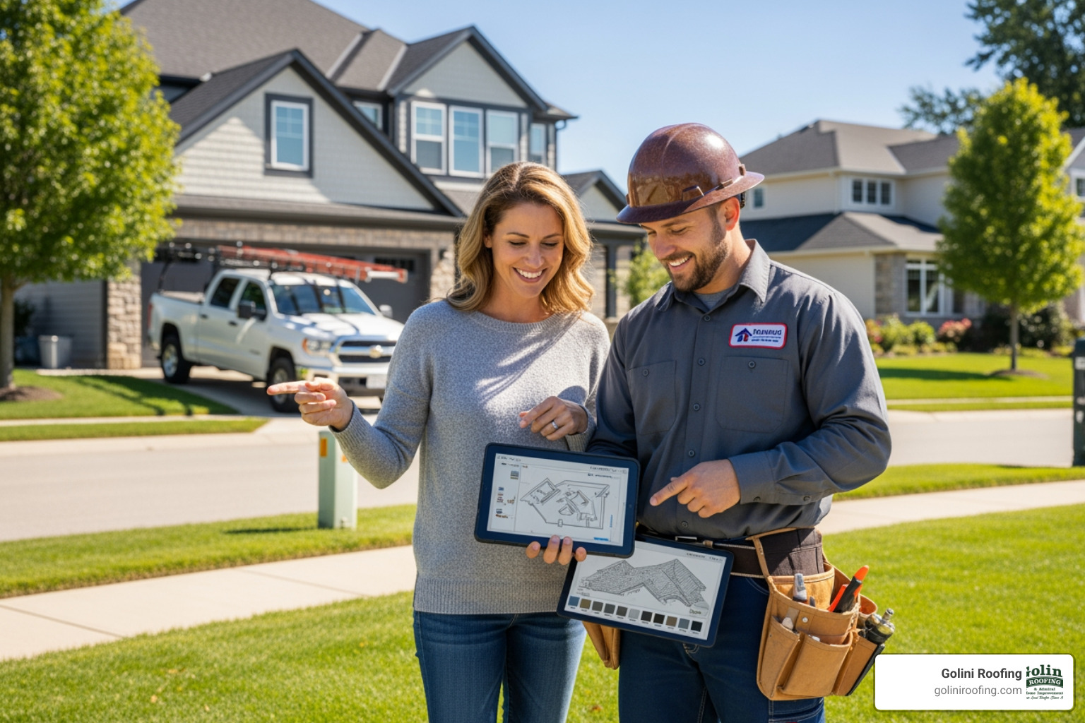 Image of a friendly roofer discussing plans with a homeowner - roof installer burlington ma Image of a friendly roofer discussing plans with a homeowner - roof installer burlington ma