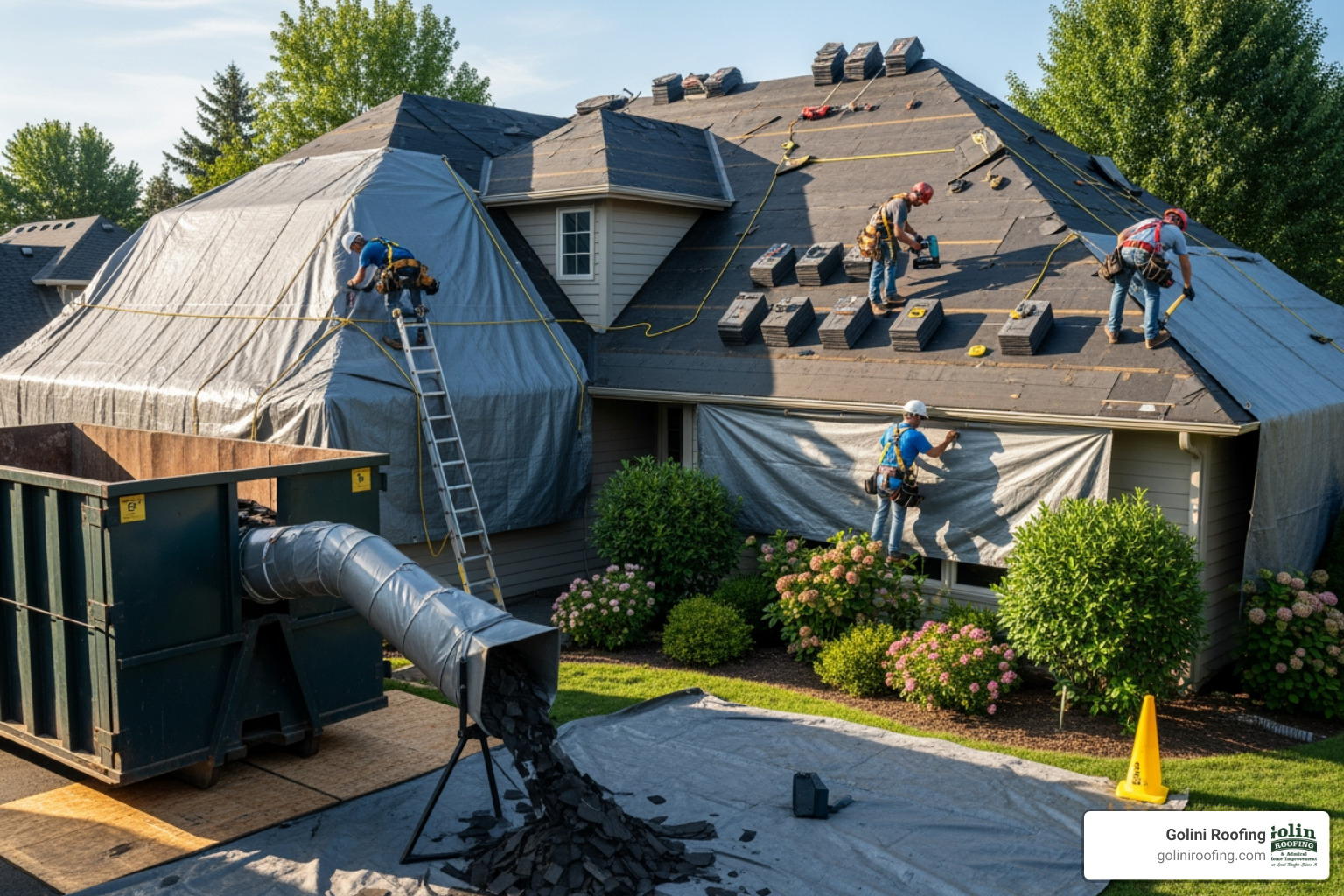 Image of a clean and organized roofing worksite with property protection in place - roof installer burlington ma Image of a clean and organized roofing worksite with property protection in place - roof installer burlington ma