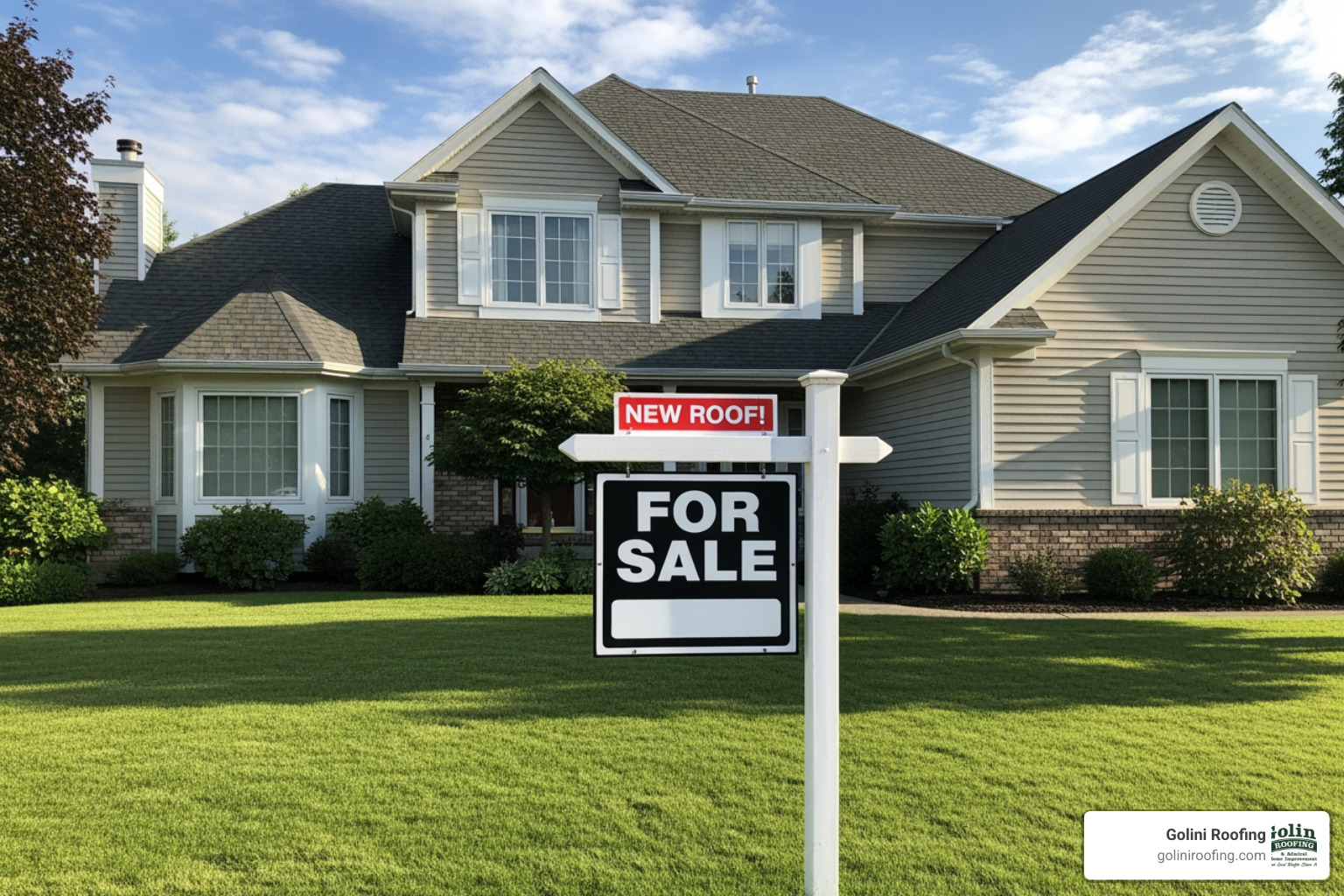 Image of a 'For Sale' sign in front of a home with a brand-new, attractive roof - roof installer burlington ma Image of a 'For Sale' sign in front of a home with a brand-new, attractive roof - roof installer burlington ma