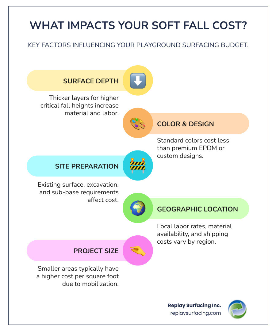 detailed infographic showing soft fall cost breakdown by material type, installation depth requirements for different fall heights, comparison of poured rubber vs tiles, and 10-year total cost of ownership including maintenance - soft fall cost infographic infographic-line-5-steps-colors