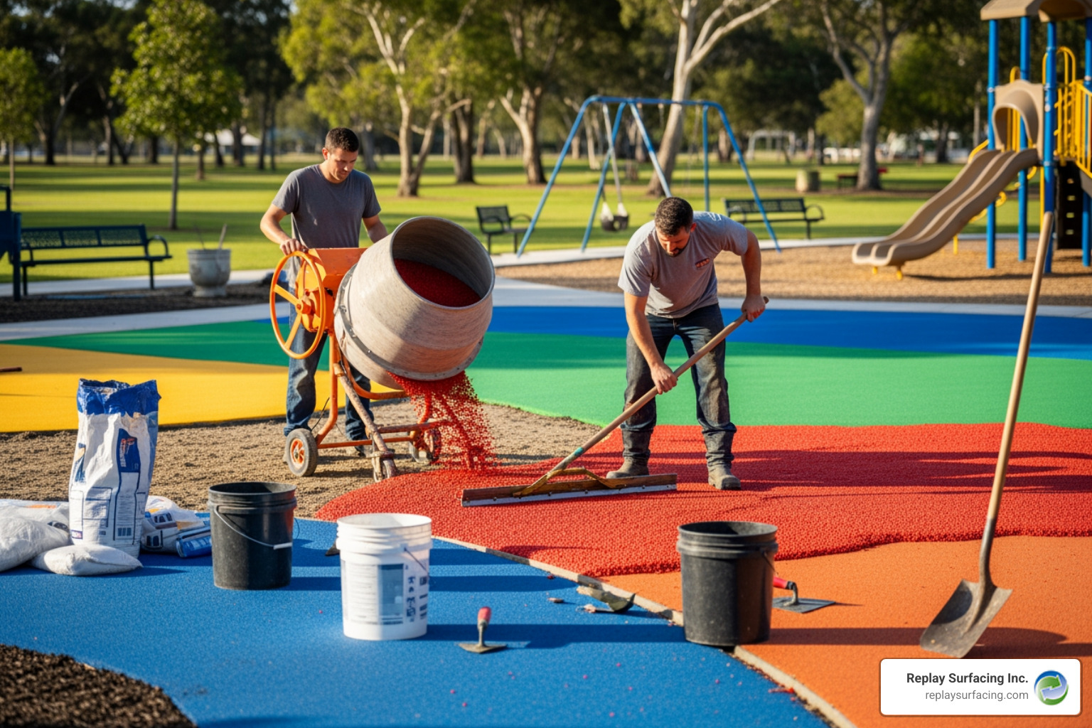 installers mixing and pouring rubber surfacing on a vibrant playground in a community park - soft fall cost