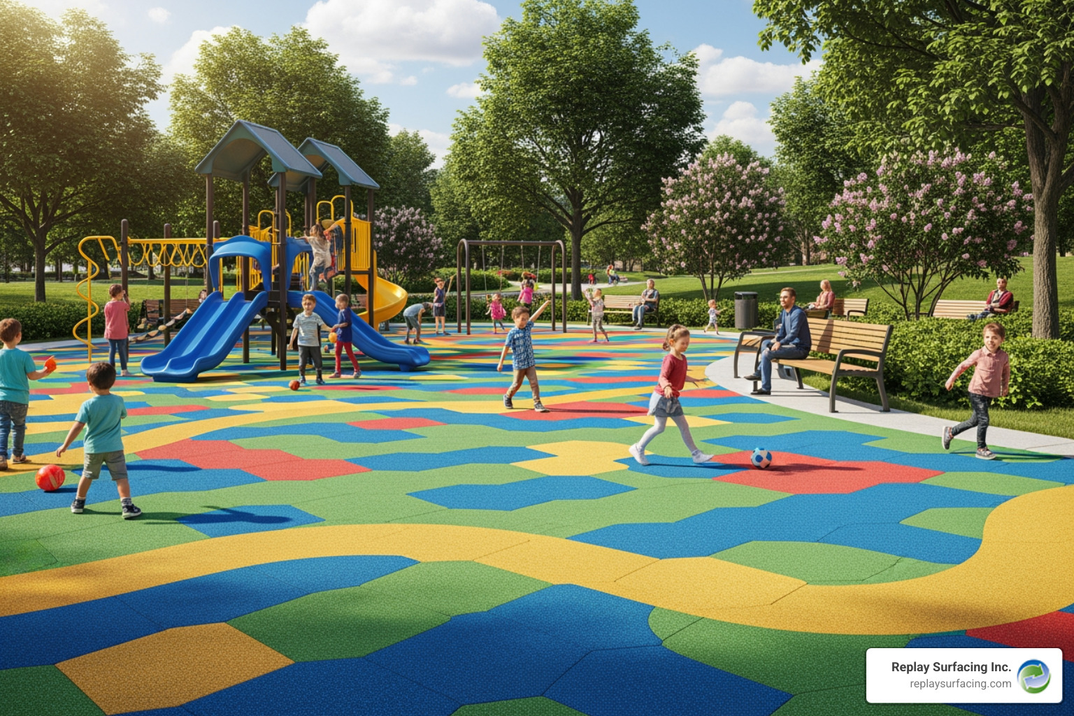 a well-maintained 10-year-old rubber playground surface in a vibrant community park - soft fall cost