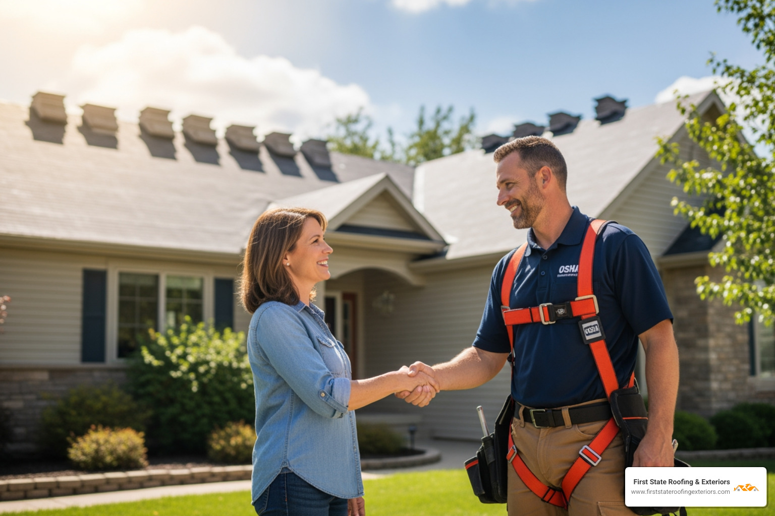 A professional roofing contractor, wearing an OSHA-approved safety harness, shaking hands with a homeowner on a sunny day, with a newly repaired roof in the background. - roofing Milford A professional roofing contractor, wearing an OSHA-approved safety harness, shaking hands with a homeowner on a sunny day, with a newly repaired roof in the background. - roofing Milford