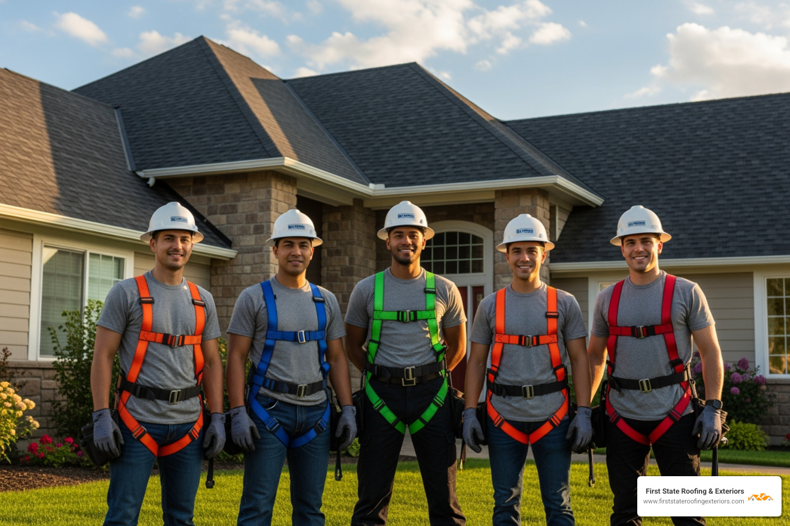 A friendly, professional First State Roofing & Exteriors crew, wearing OSHA safety harnesses, standing proudly in front of a newly completed residential roofing project in Milford, DE. - roofing Milford A friendly, professional First State Roofing & Exteriors crew, wearing OSHA safety harnesses, standing proudly in front of a newly completed residential roofing project in Milford, DE. - roofing Milford