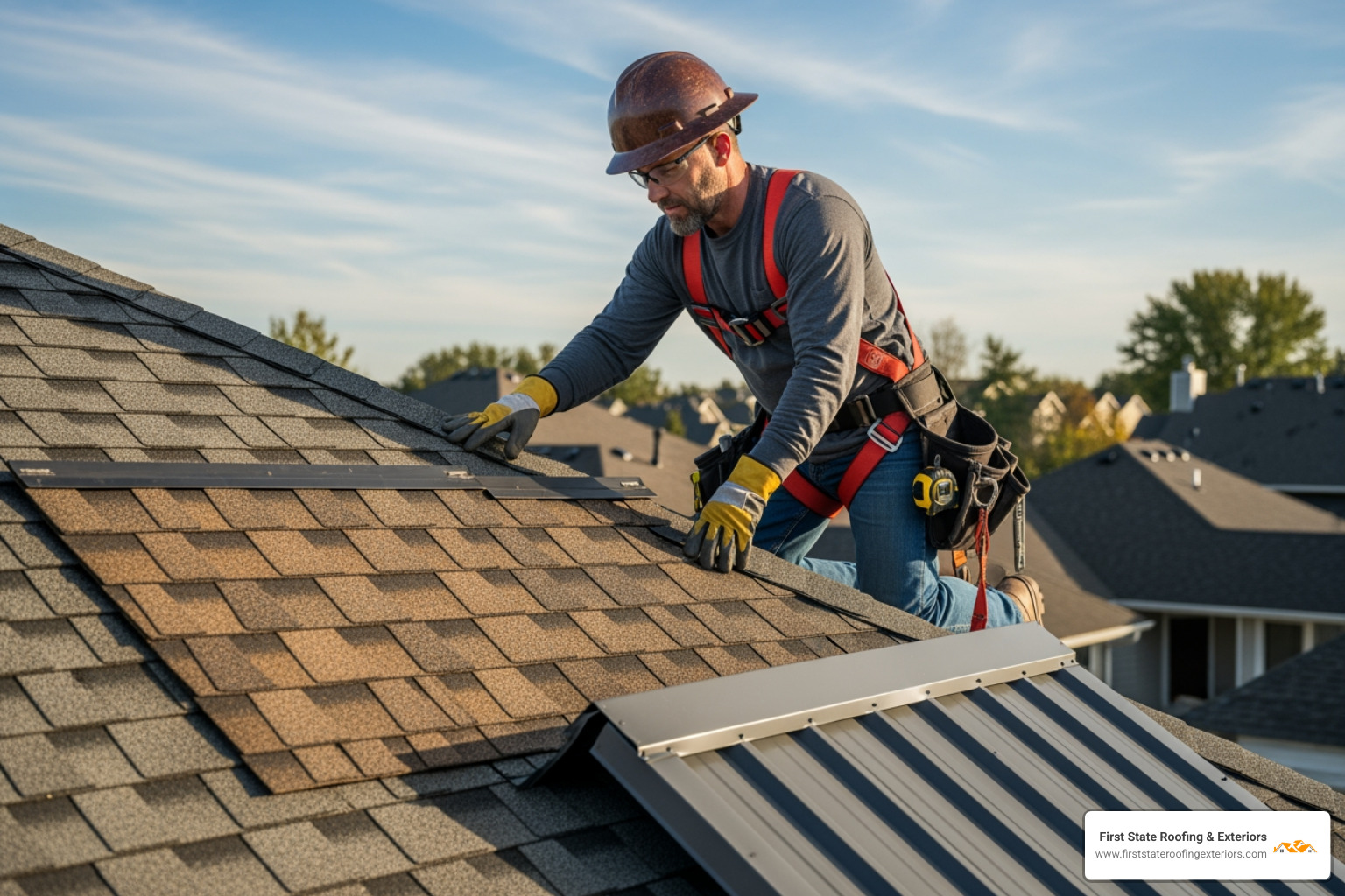 A professional roofer wearing an OSHA safety harness carefully inspecting high-quality asphalt shingles, architectural shingles, and metal roofing options on a residential roof. - roofing Milford A professional roofer wearing an OSHA safety harness carefully inspecting high-quality asphalt shingles, architectural shingles, and metal roofing options on a residential roof. - roofing Milford