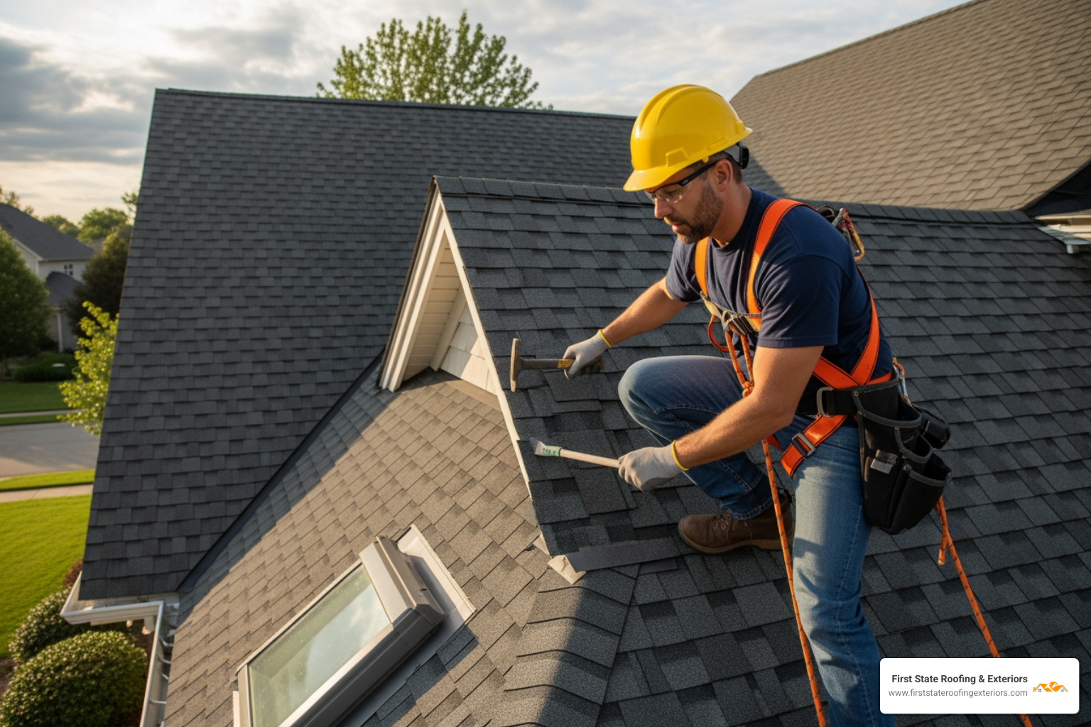 A professional roofer wearing an OSHA-compliant safety harness performing a detailed roof inspection on a residential home, checking shingles and flashing. - roofing Milford A professional roofer wearing an OSHA-compliant safety harness performing a detailed roof inspection on a residential home, checking shingles and flashing. - roofing Milford