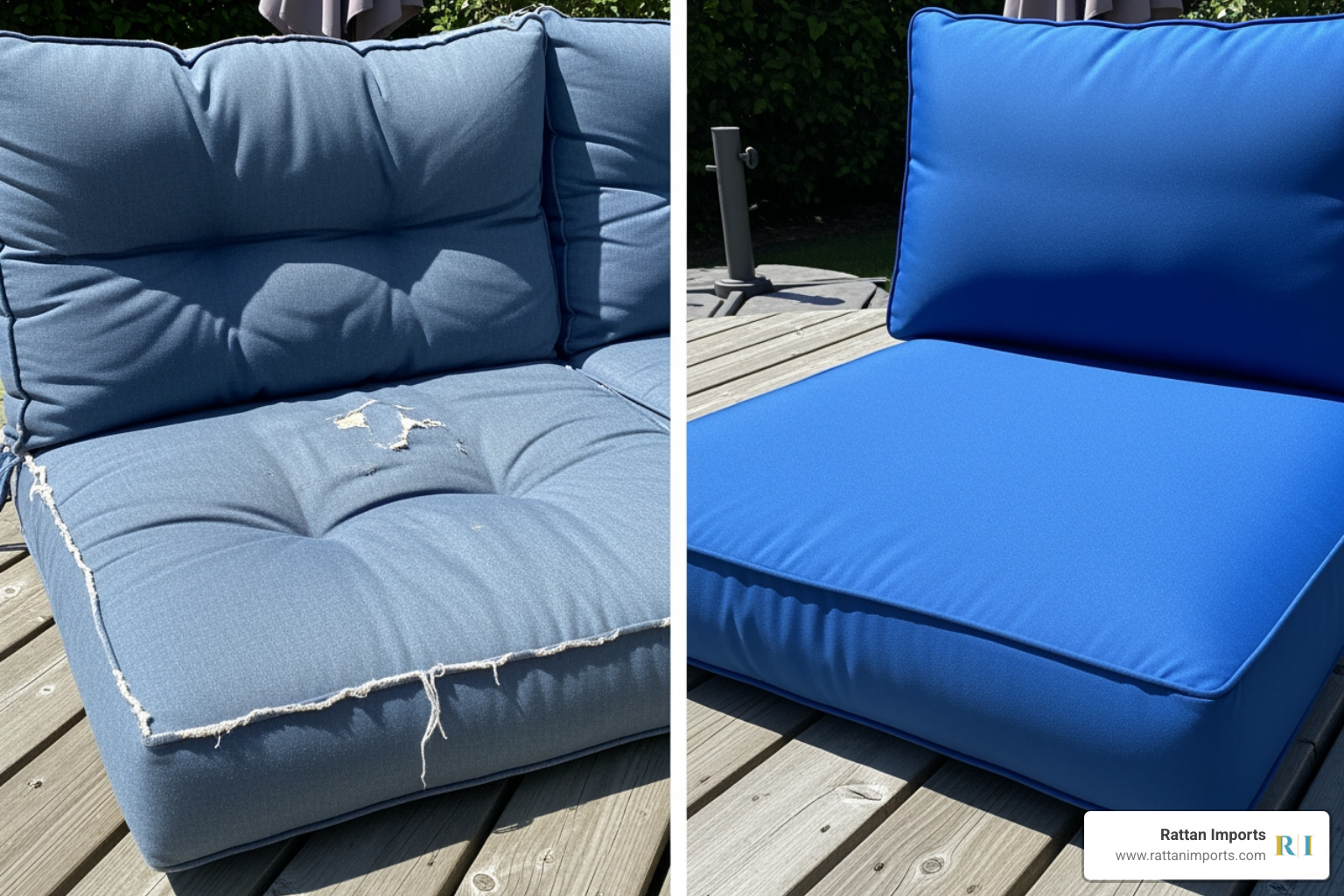 worn vs new cushion - South Sea Rattan cushions