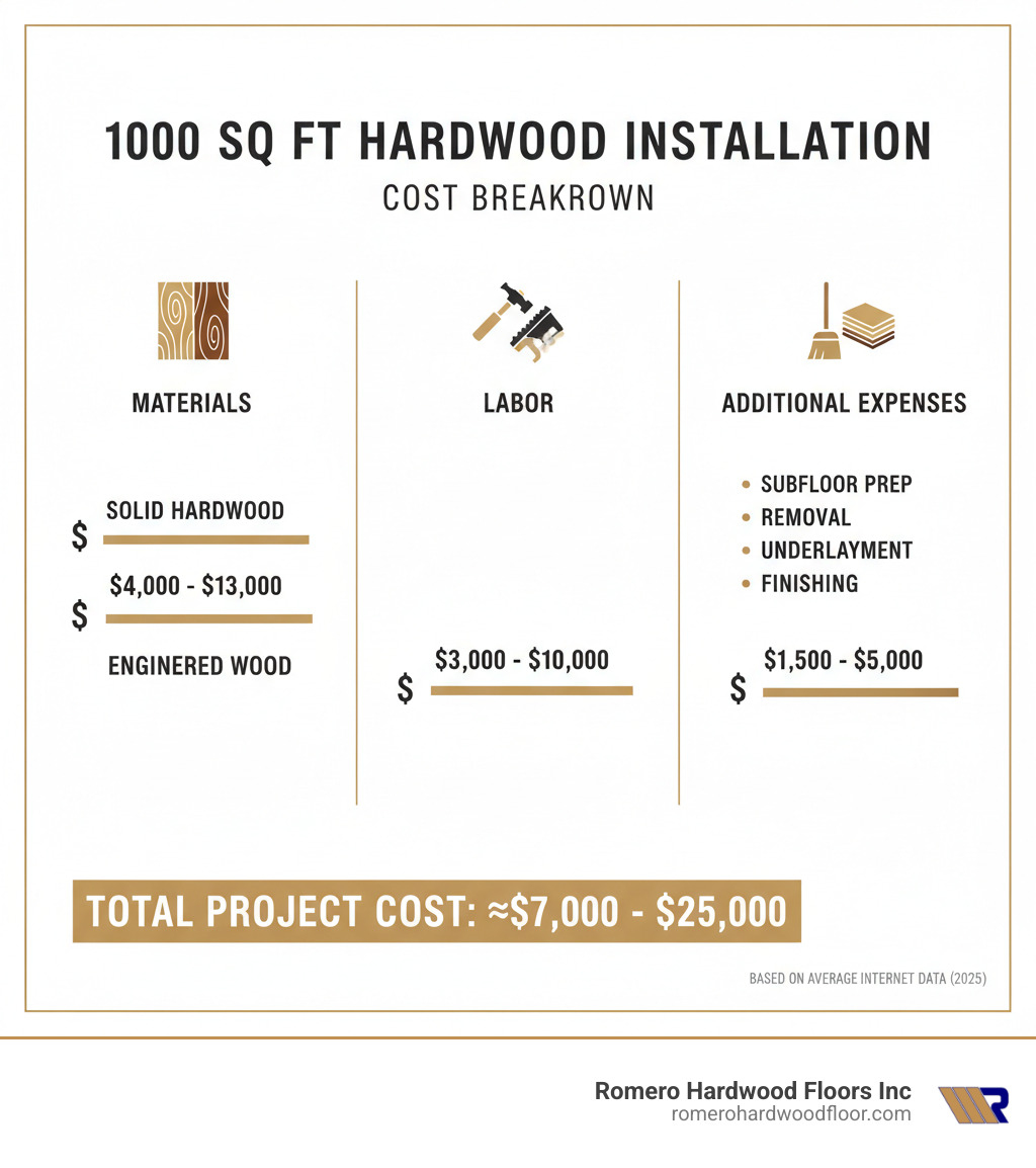 infographic showing cost breakdown for 1000 sq ft hardwood installation including material costs ranging from $4,000-$13,000 for solid hardwood or $3,000-$16,000 for engineered, labor costs of $3,000-$10,000, and additional expenses for subfloor prep, removal, underlayment and finishing totaling $1,500-$5,000 - estimated cost of installing 1000 feet of hardwood flooring infographic 