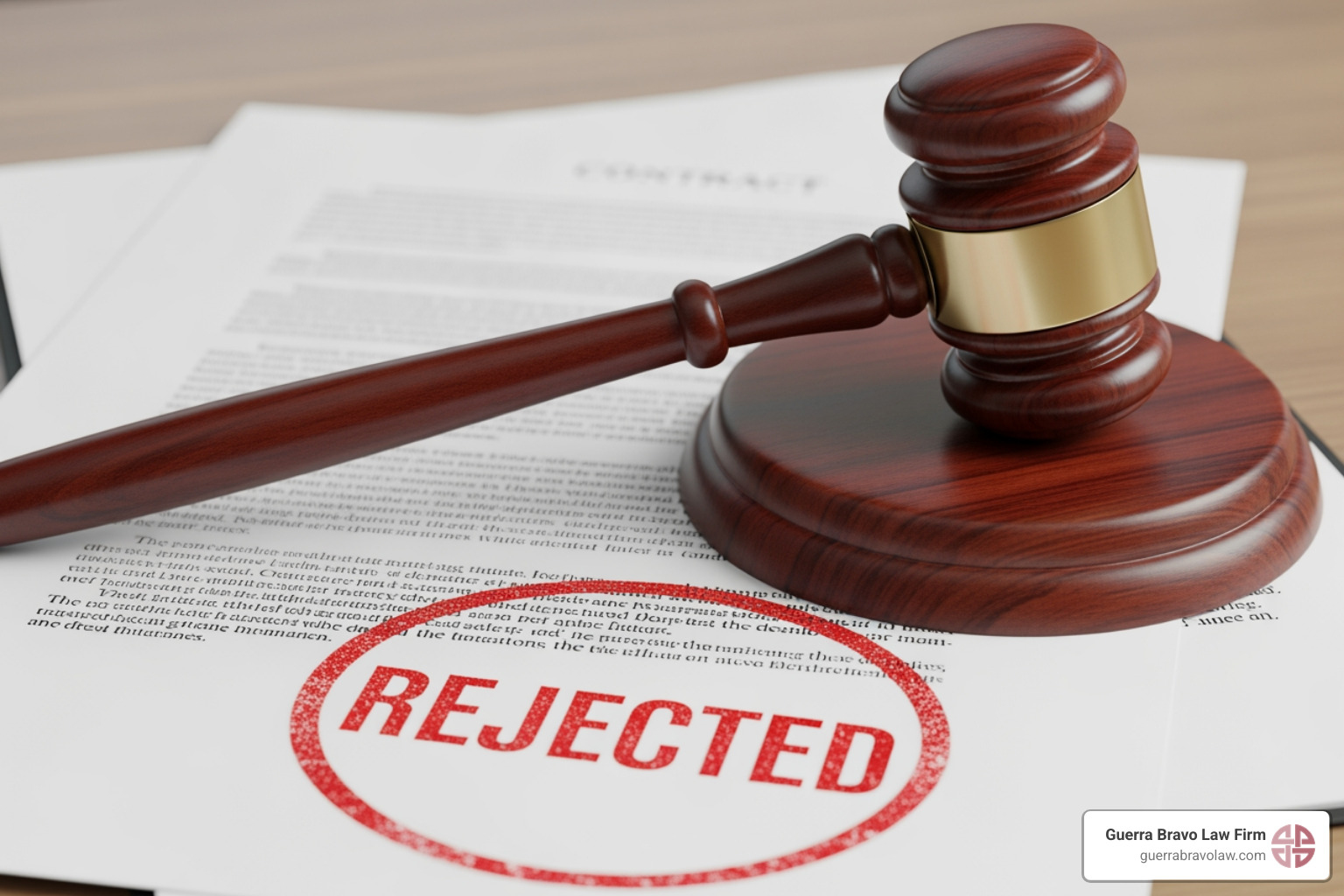 Image of a judge's gavel beside a document with a large red "DENIED" stamp - deportation waiver application Image of a judge's gavel beside a document with a large red "DENIED" stamp - deportation waiver application