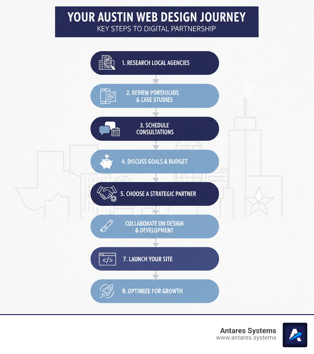 infographic showing the key steps to finding and working with an austin texas web designer: research local agencies, review portfolios and case studies, schedule consultations, discuss goals and budget, choose a strategic partner, collaborate on design and development, launch your site, and continue optimizing for growth - austin texas web designer infographic 