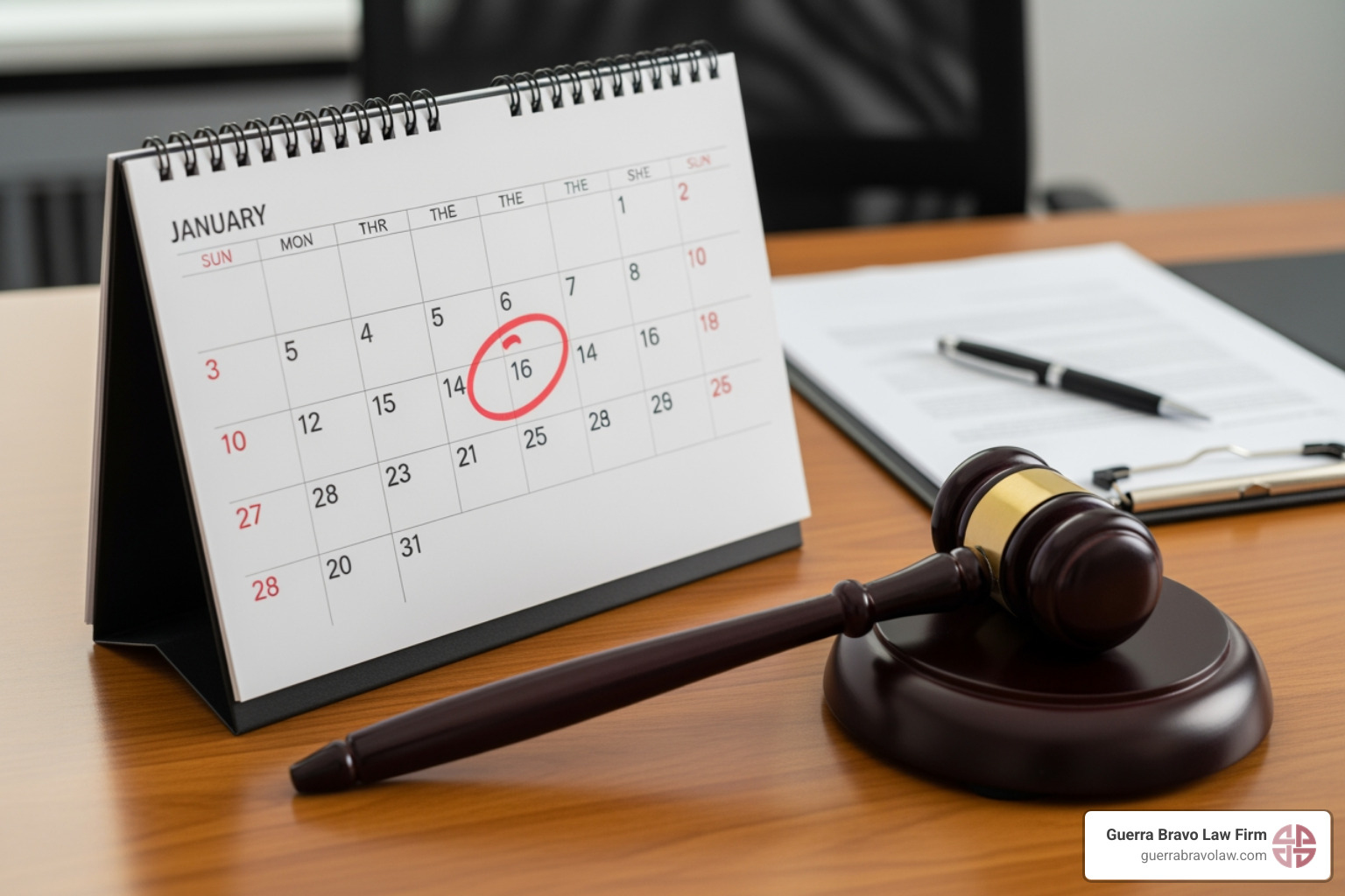 A calendar with a date circled and a gavel next to it, symbolizing legal deadlines. - can a lawyer stop deportation A calendar with a date circled and a gavel next to it, symbolizing legal deadlines. - can a lawyer stop deportation