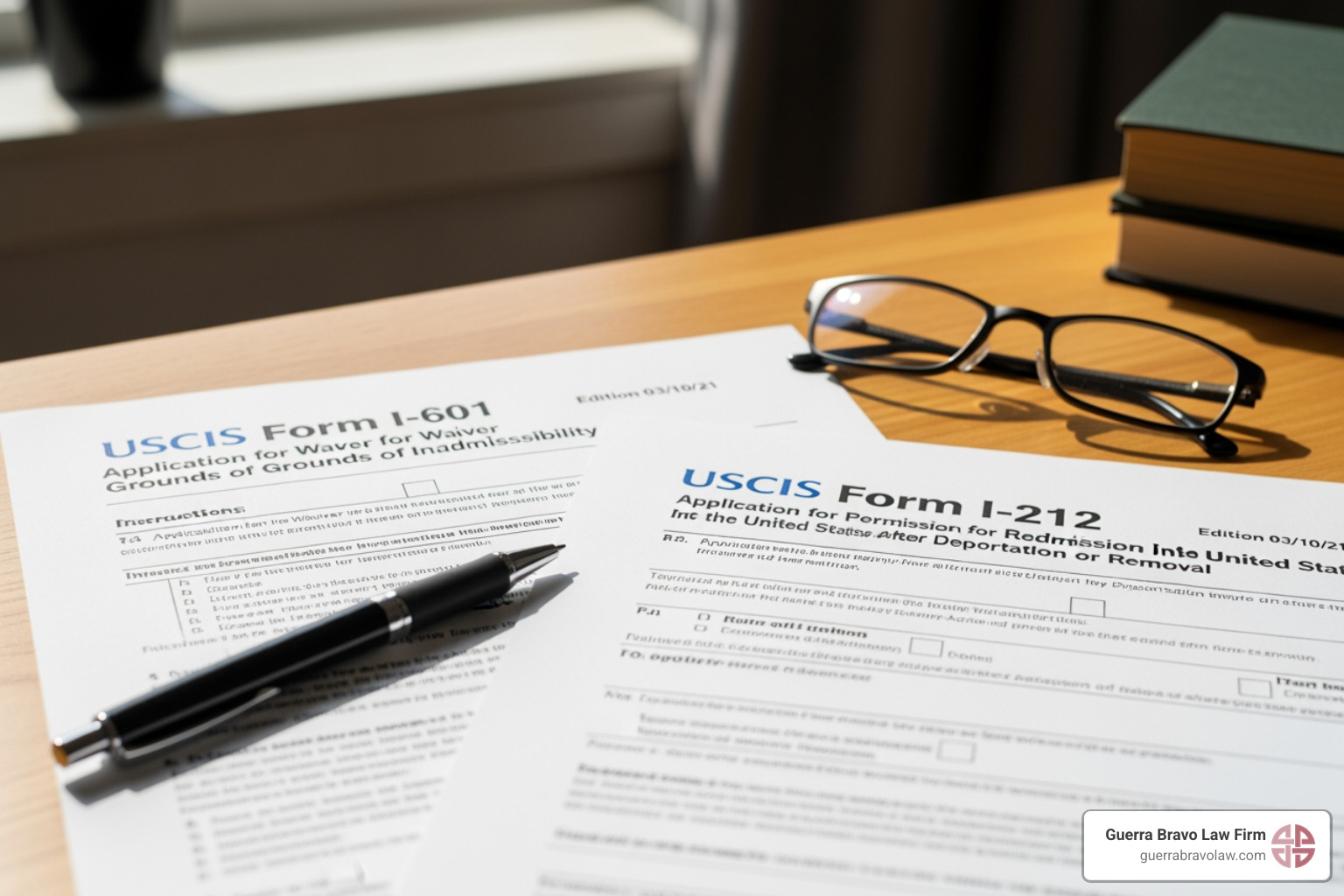 Side-by-side image of the front pages of USCIS Form I-601 and Form I-212 - deportation waiver application Side-by-side image of the front pages of USCIS Form I-601 and Form I-212 - deportation waiver application
