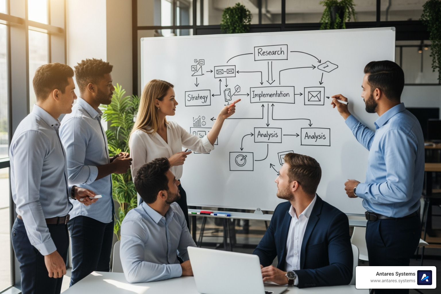 A marketing team collaborating around a whiteboard with a workflow diagram - what are the best ai seo tools for small businesses A marketing team collaborating around a whiteboard with a workflow diagram - what are the best ai seo tools for small businesses