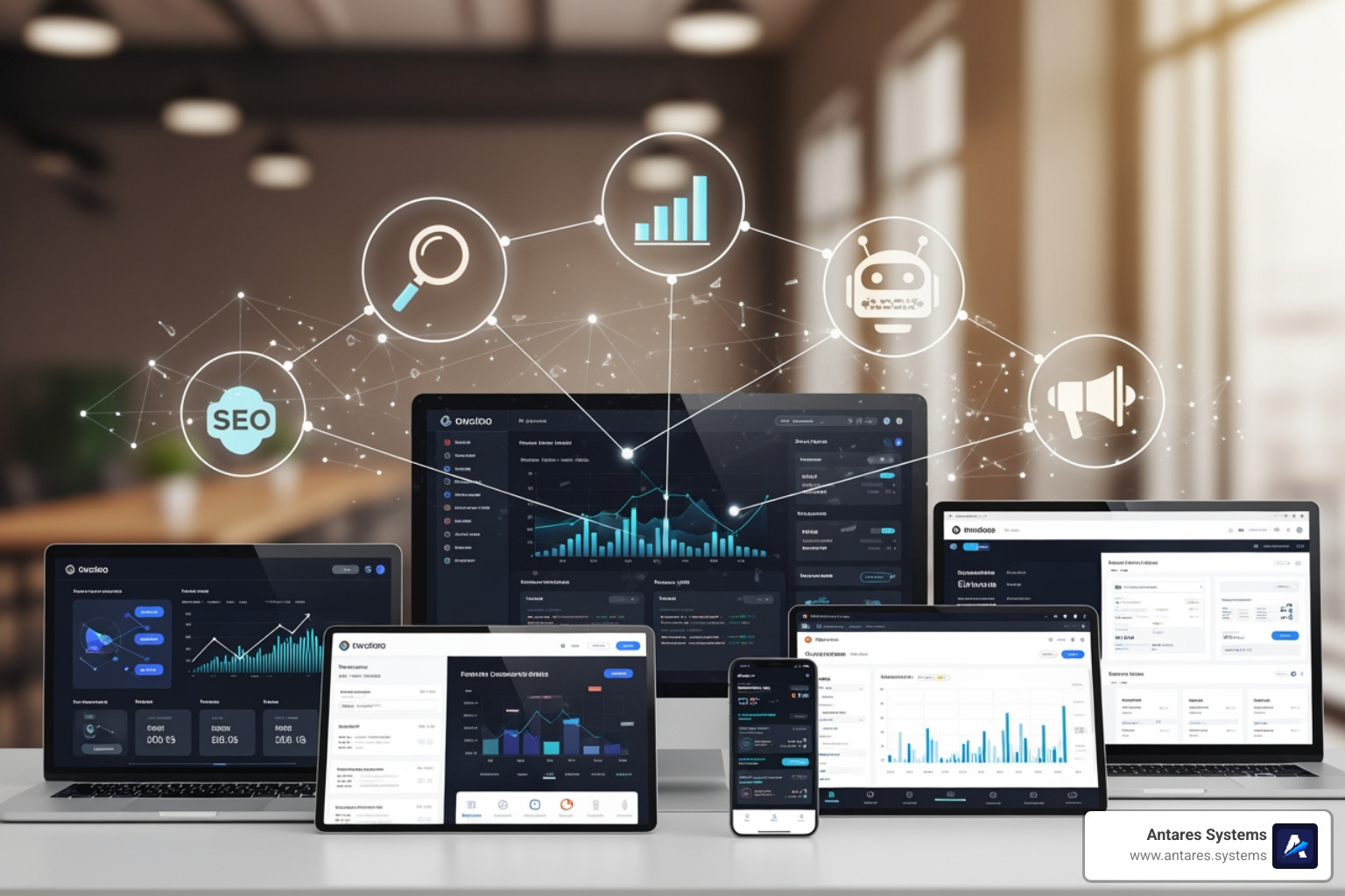 A clean, modern software dashboard showcasing different SEO metrics - what are the best ai seo tools for small businesses A clean, modern software dashboard showcasing different SEO metrics - what are the best ai seo tools for small businesses